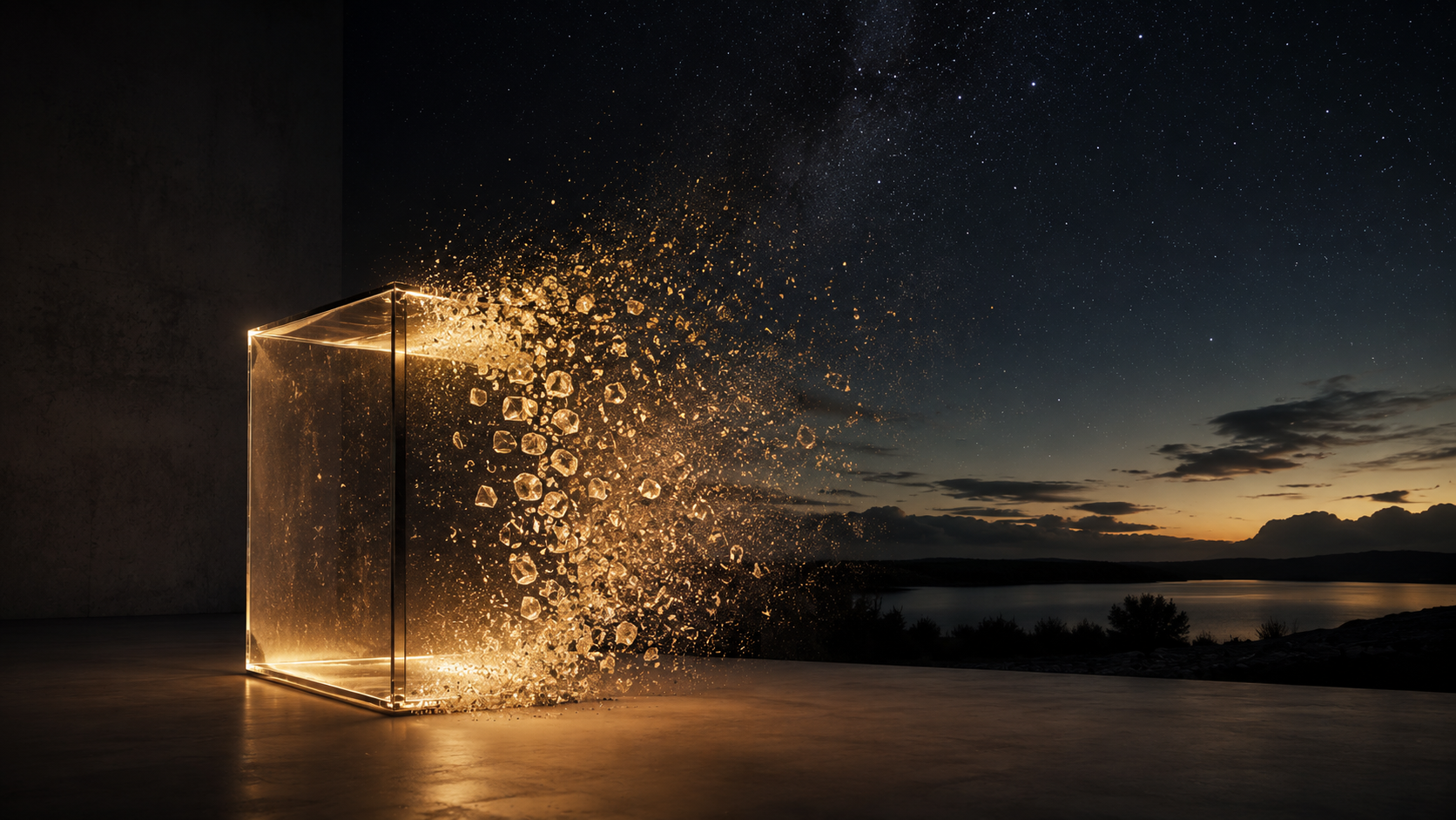 Cubo de vidro iluminado se dissolvendo em poeira dourada contra um céu estrelado e paisagem natural.