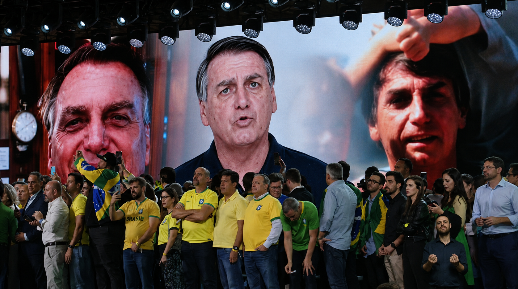 Flávio Bolsonaro durante convenção nacional do Partido Liberal (PL), que oficializou sua candidatura à Presidência da República, diante de apoiadores em evento político.