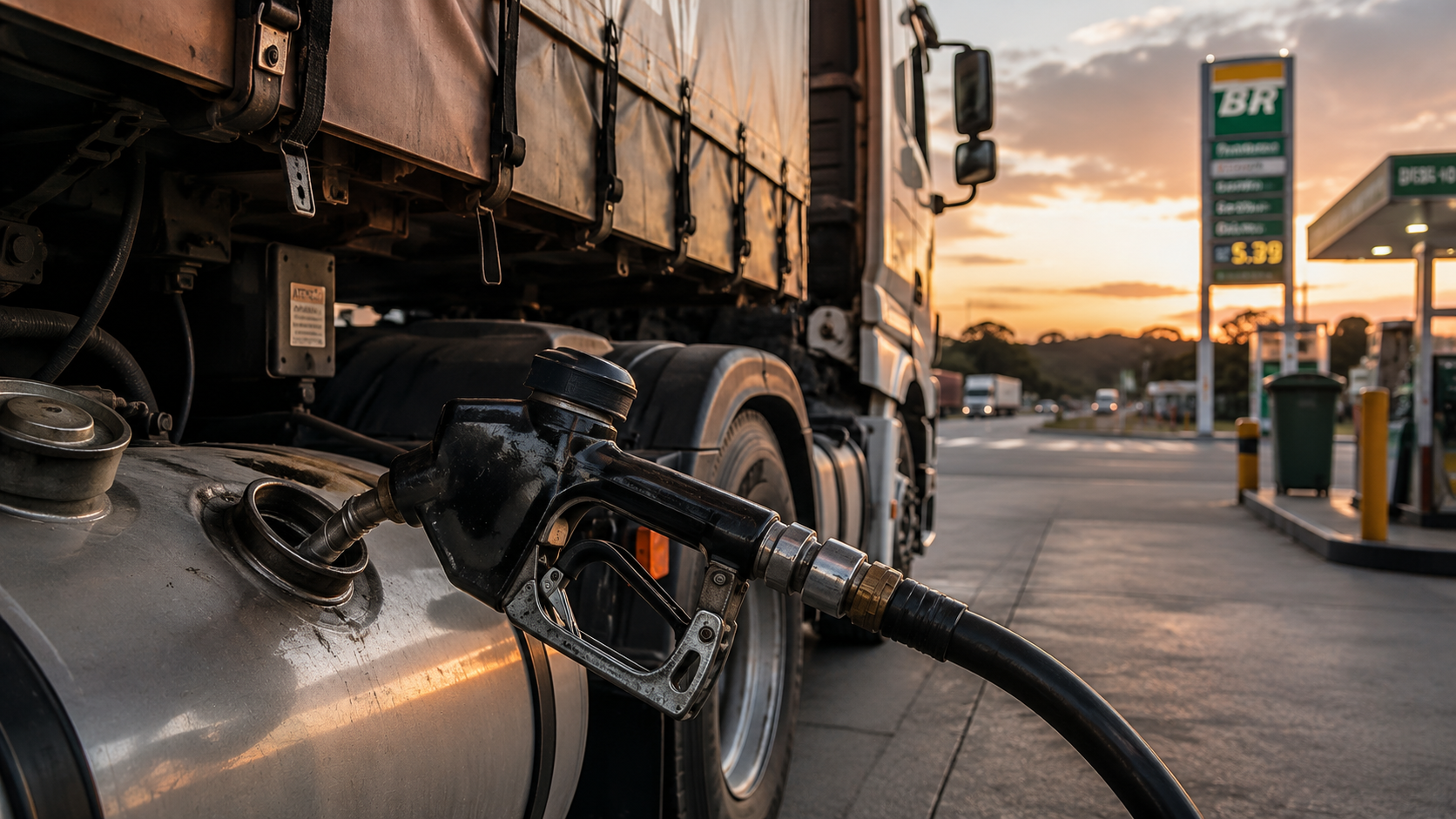 Bico de bomba de combustível abastecendo o tanque de uma carreta de carga estacionada em posto de gasolina.