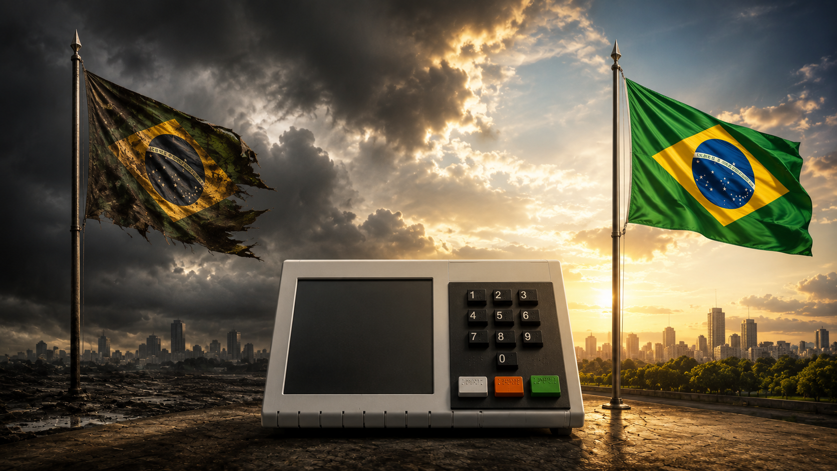 Urna eletrônica em destaque entre uma bandeira do Brasil rasgada em ambiente de destruição à esquerda e uma bandeira do Brasil nova em cenário próspero à direita.