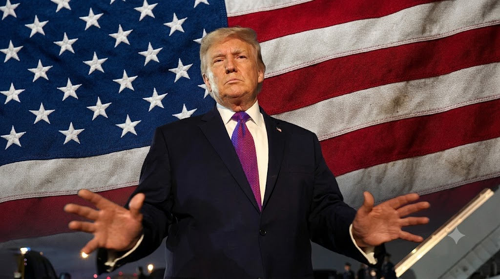 Donald Trump com expressão séria e de preocupação, gesticulando em frente a um plano de fundo com detalhe ampliado da bandeira dos Estados Unidos.