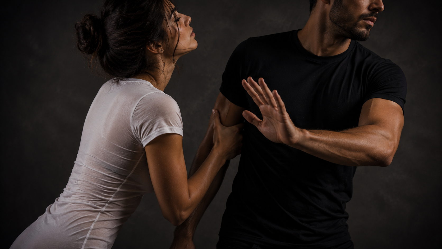 Mulher segurando o braço de um homem enquanto ele faz um gesto de afastamento e rejeição com a mão, ilustrando o apego e o distanciamento pós-sexo.