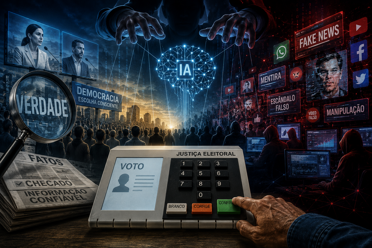 Ilustração conceitual representa urna eletrônica cercada por algoritmos, inteligência artificial, manipulação digital e disputa entre verdade e desinformação durante eleições.