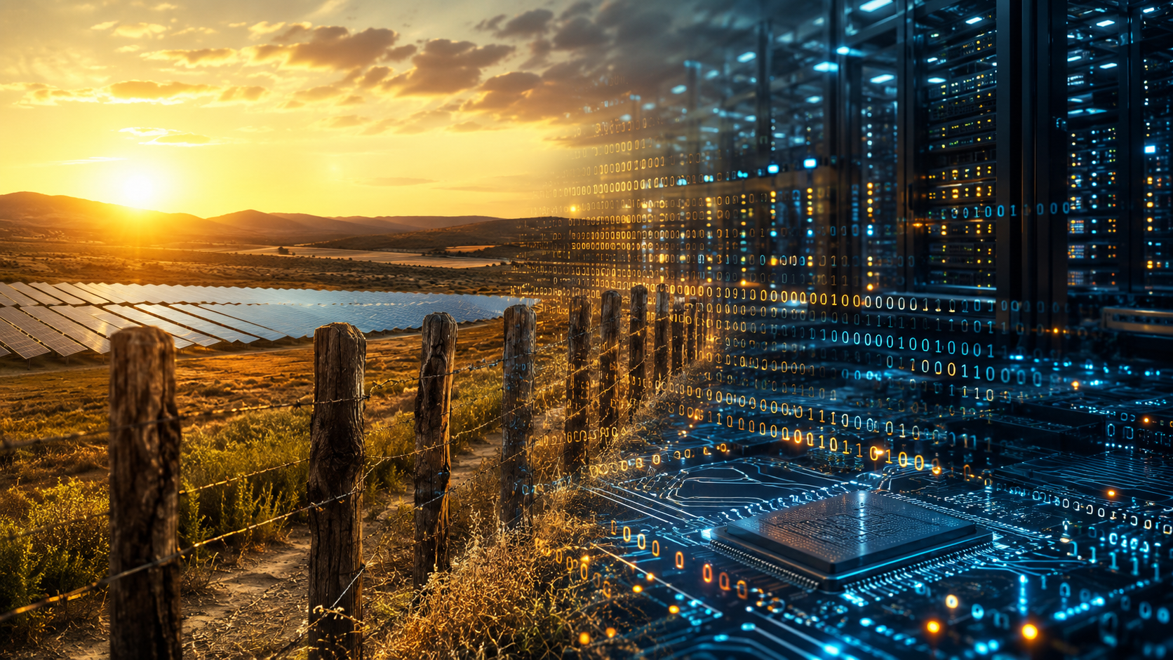 Ilustração conceitual unindo servidores de inteligência artificial com painéis de energia solar sob o sol do Norte de Minas Gerais.