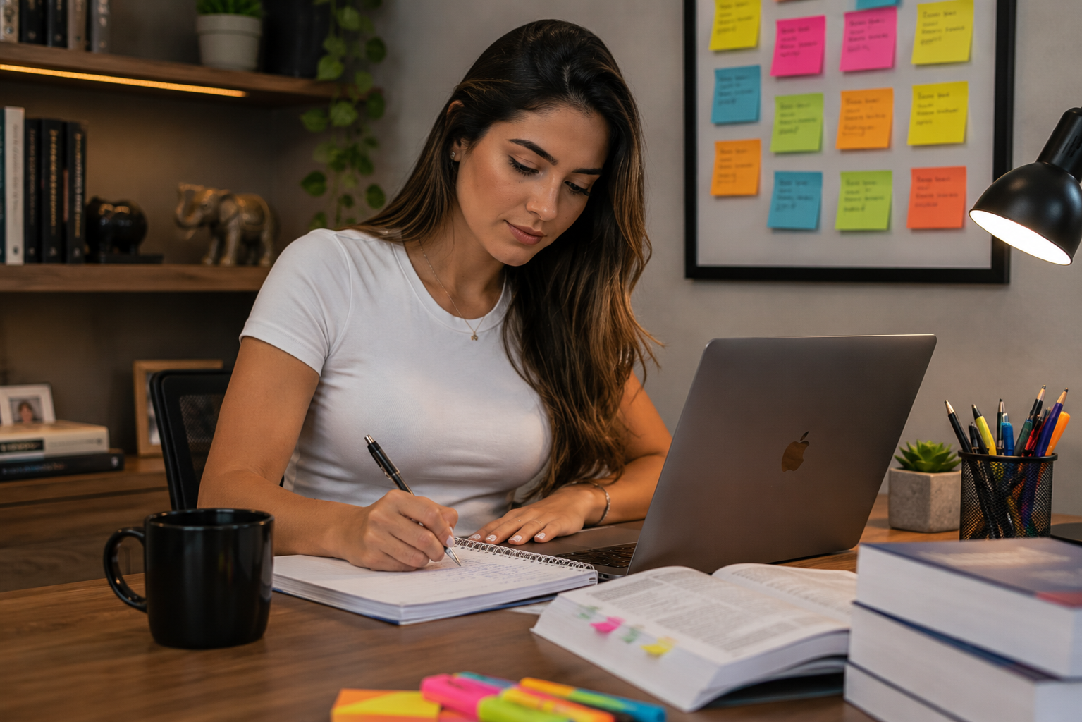 Mulher focada estudando com notebook, livros abertos e caneta em uma mesa, representando a preparação para os concursos autorizados da Receita Federal e do Banco Central.