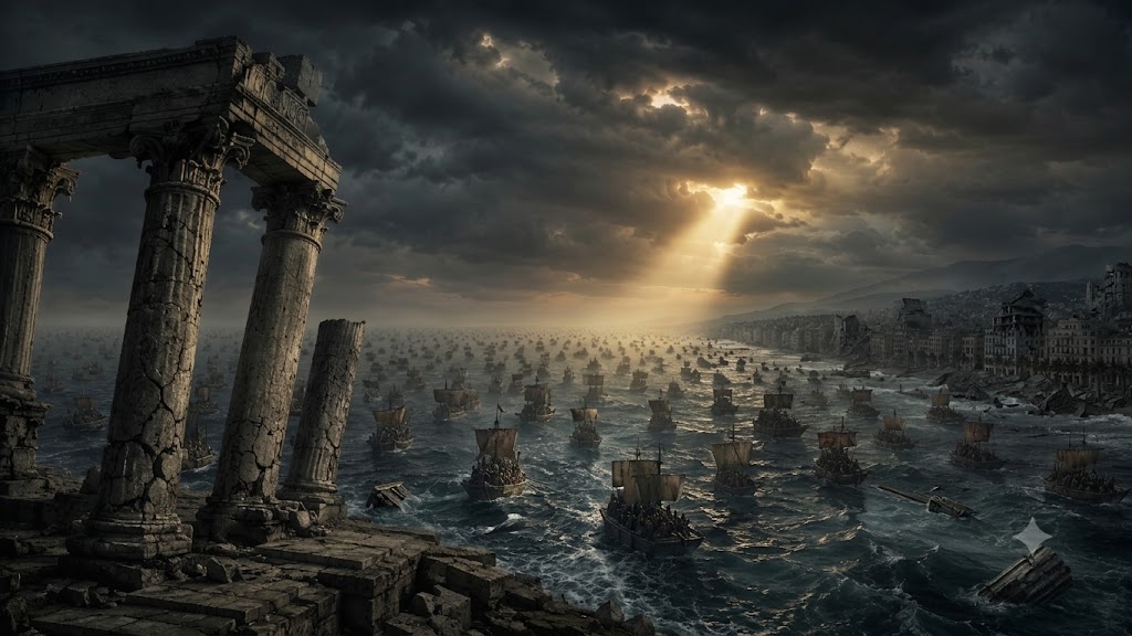Ilustração conceitual representando o colapso de uma estrutura clássica europeia sob a pressão de ondas e frotas de navios, simbolizando o fatalismo apocalíptico de Jean Raspail.