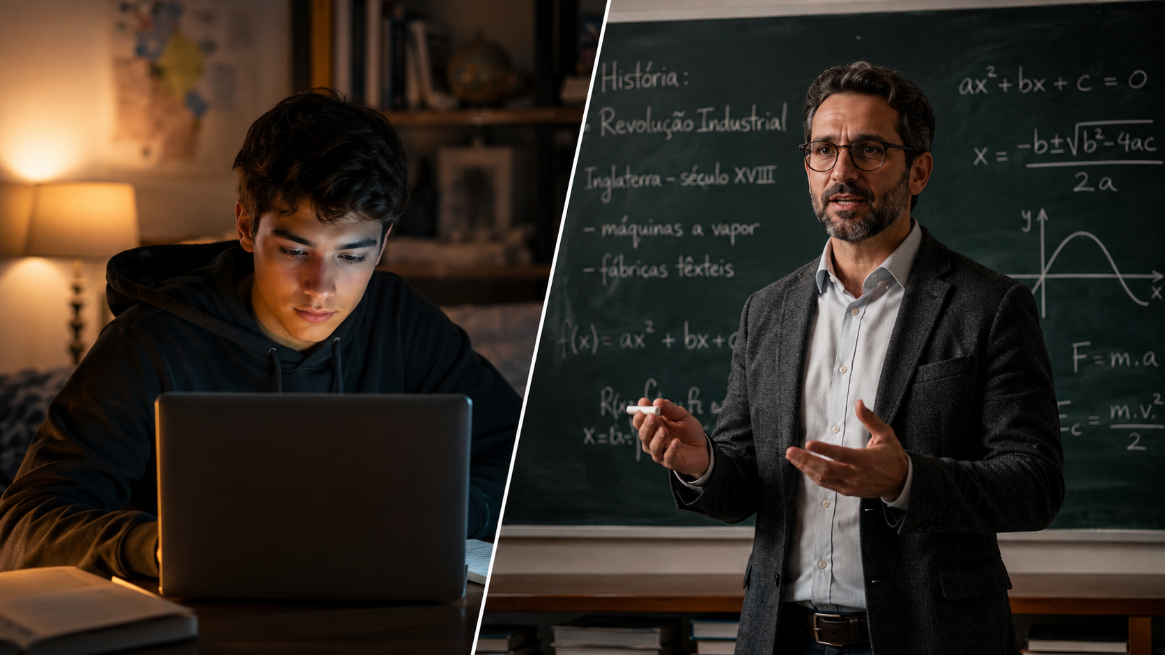 Ilustração dividida ao meio mostrando o contraste da educação: do lado esquerdo, um estudante assistindo à aula no laptop em casa; do lado direito, um professor explicando a matéria no quadro negro de uma sala de aula presencial.