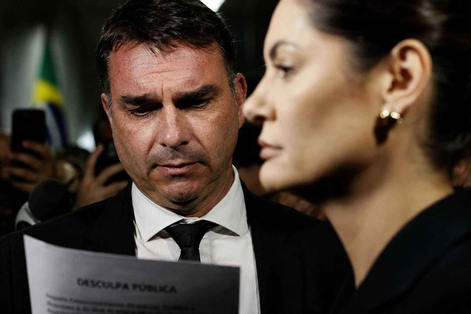 Close-up dramático de Flávio Bolsonaro lendo um papel, com o perfil de Michelle Bolsonaro desfocado em primeiro plano. A imagem captura a tensão do momento político e a relação complexa entre os dois.