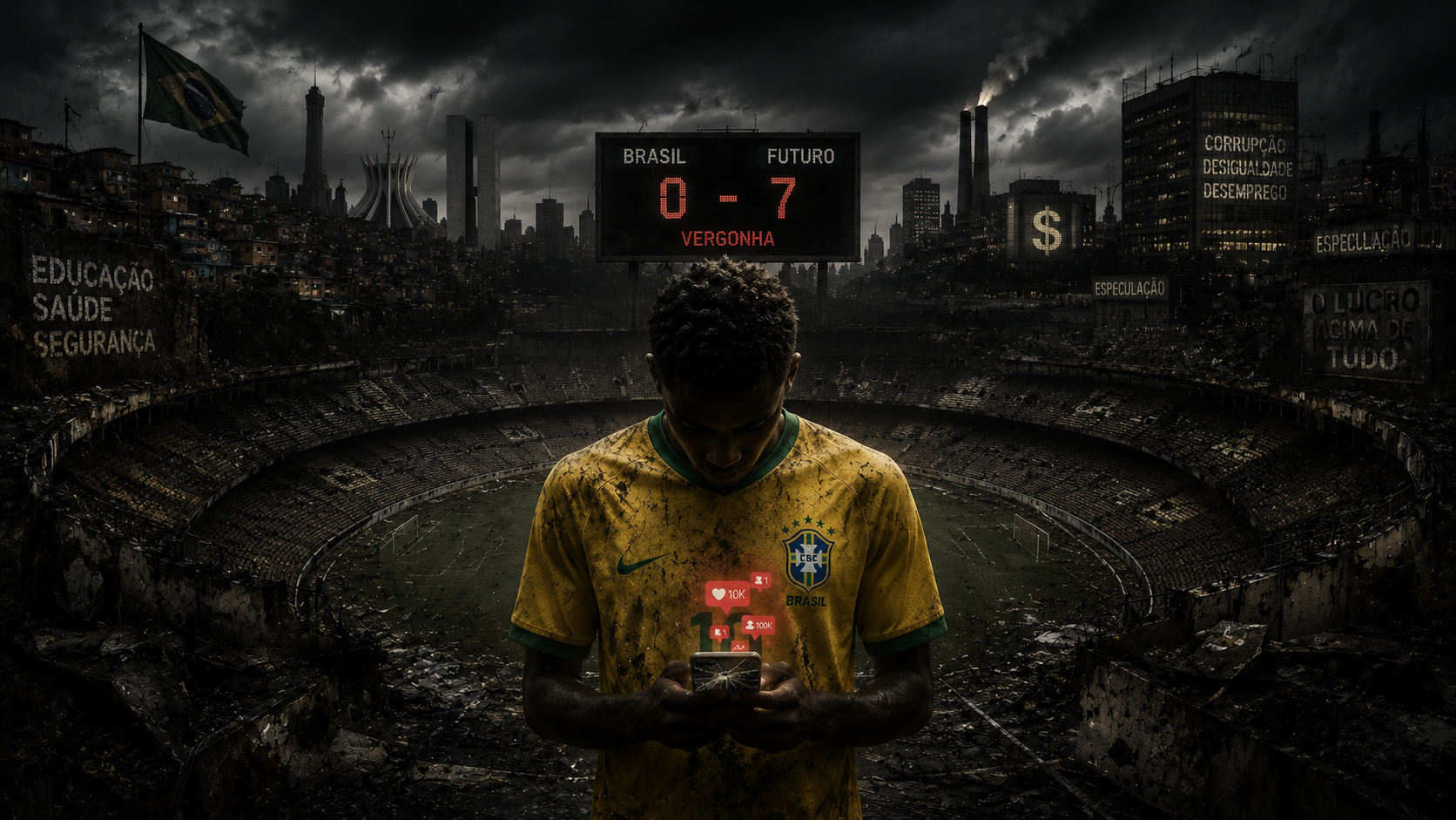Ilustração conceitual de um jogador de futebol apático em um estádio vazio, simbolizando a falta de garra e o crepúsculo da excelência na sociedade brasileira.