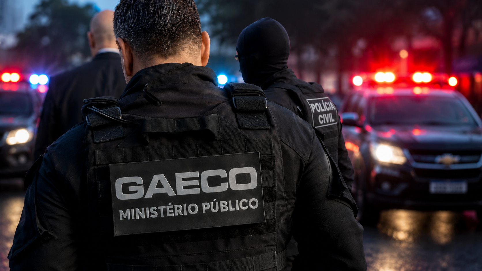 Viaturas da Polícia Militar de São Paulo e agentes em operação de combate ao crime organizado do GAECO.