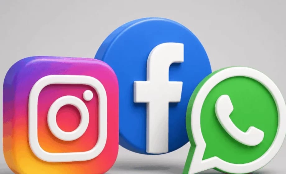 Ilustração tridimensional colorida com os logotipos do Instagram, Facebook e WhatsApp em destaque sobre fundo claro.