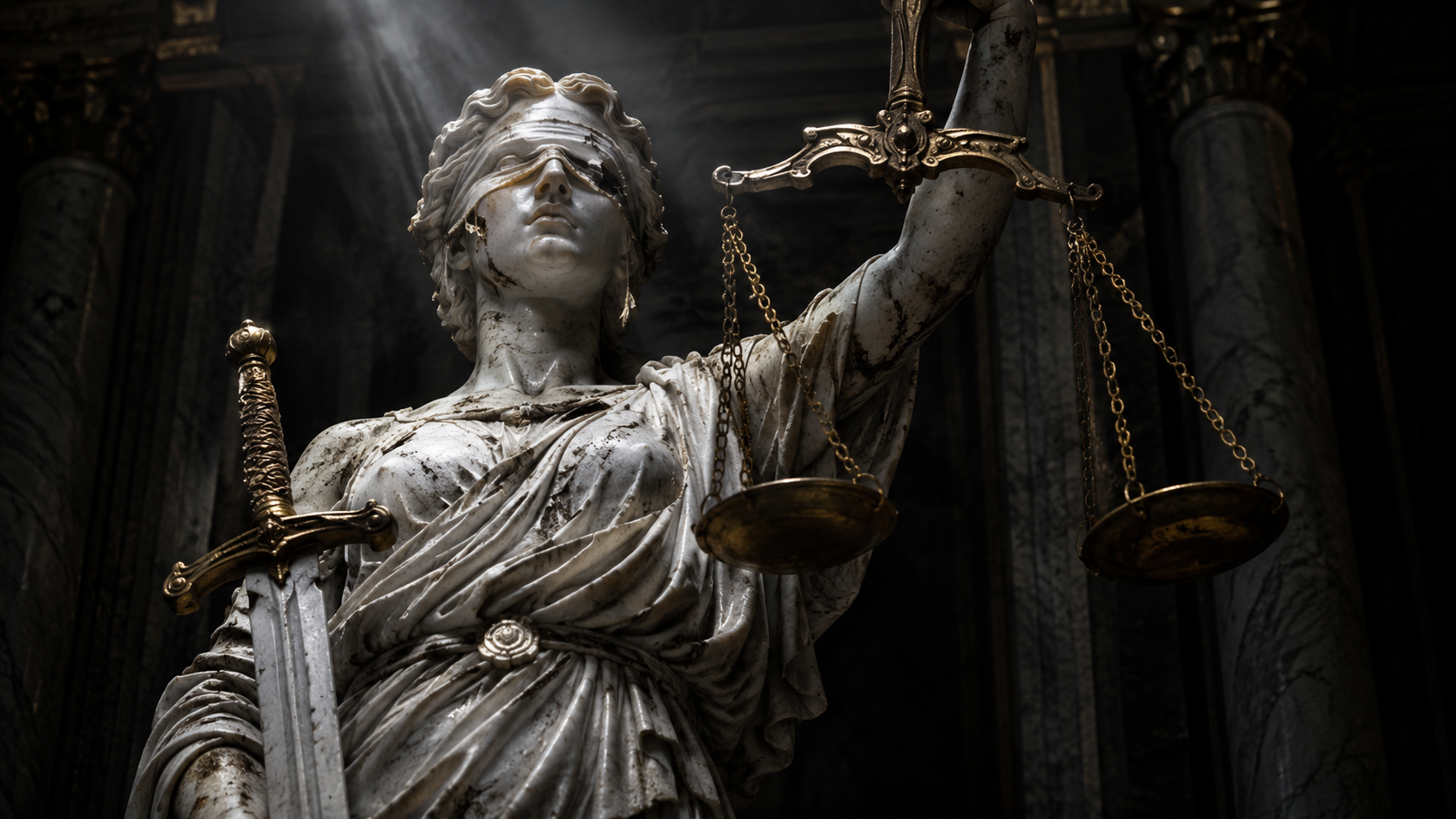 Estátua da Justiça com a balança desequilibrada sob luz forte em ambiente escuro, representando a crise do Estado de Direito.