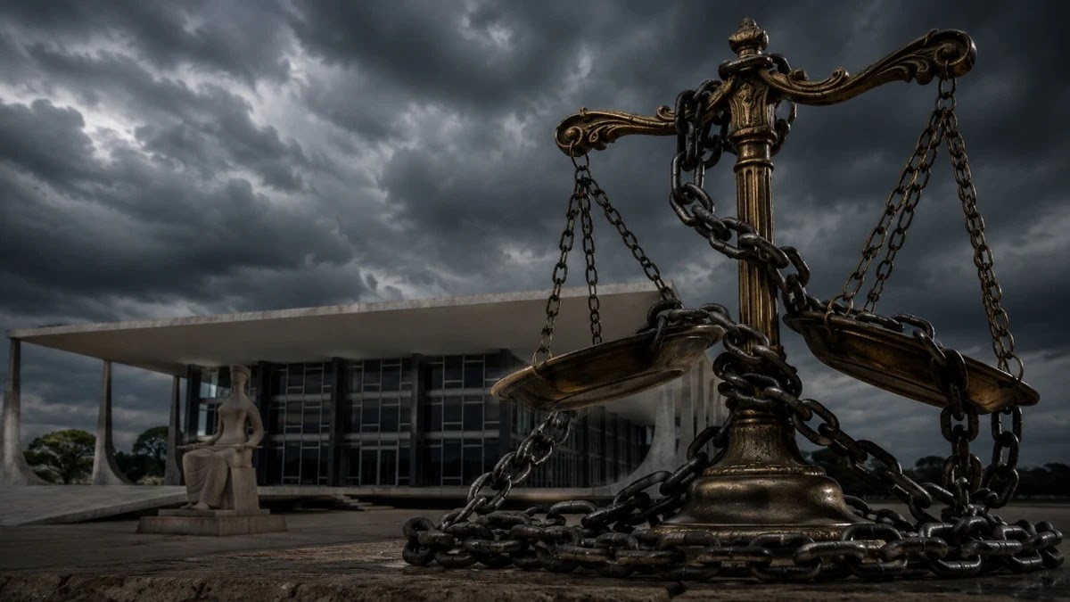 Balança da justiça bronzeada acorrentada em primeiro plano diante da fachada do Supremo Tribunal Federal sob céu com nuvens escuras de tempestade.