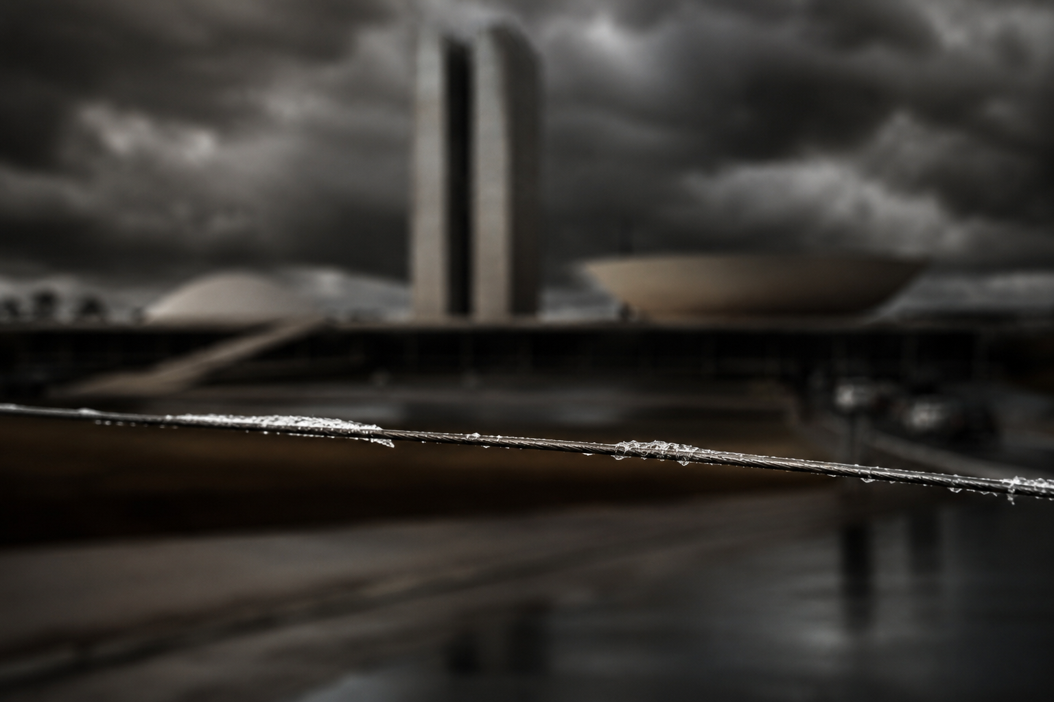 Linha de cerol esticada em primeiro plano com o Congresso Nacional de Brasília desfocado ao fundo em dia de tempestade, ilustrando a coluna de Benedito Said.