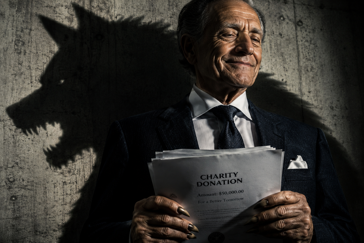 Homem de terno sorrindo com sombra de lobo na parede, ilustrando o artigo sobre falsa filantropia e egoísmo de André R. Costa Oliveira.