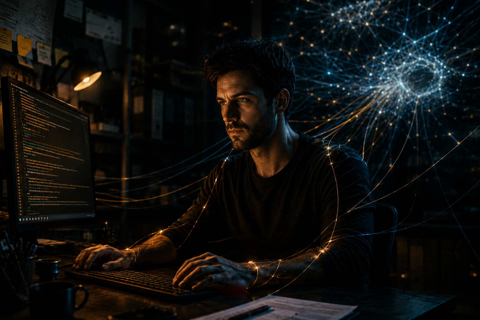 Homem concentrado em escritório escuro com linhas digitais luminosas envolvendo seus braços, conectado a uma grande rede neural de IA ao fundo, ilustrando os Diálogos Cabulosos do Minas News.