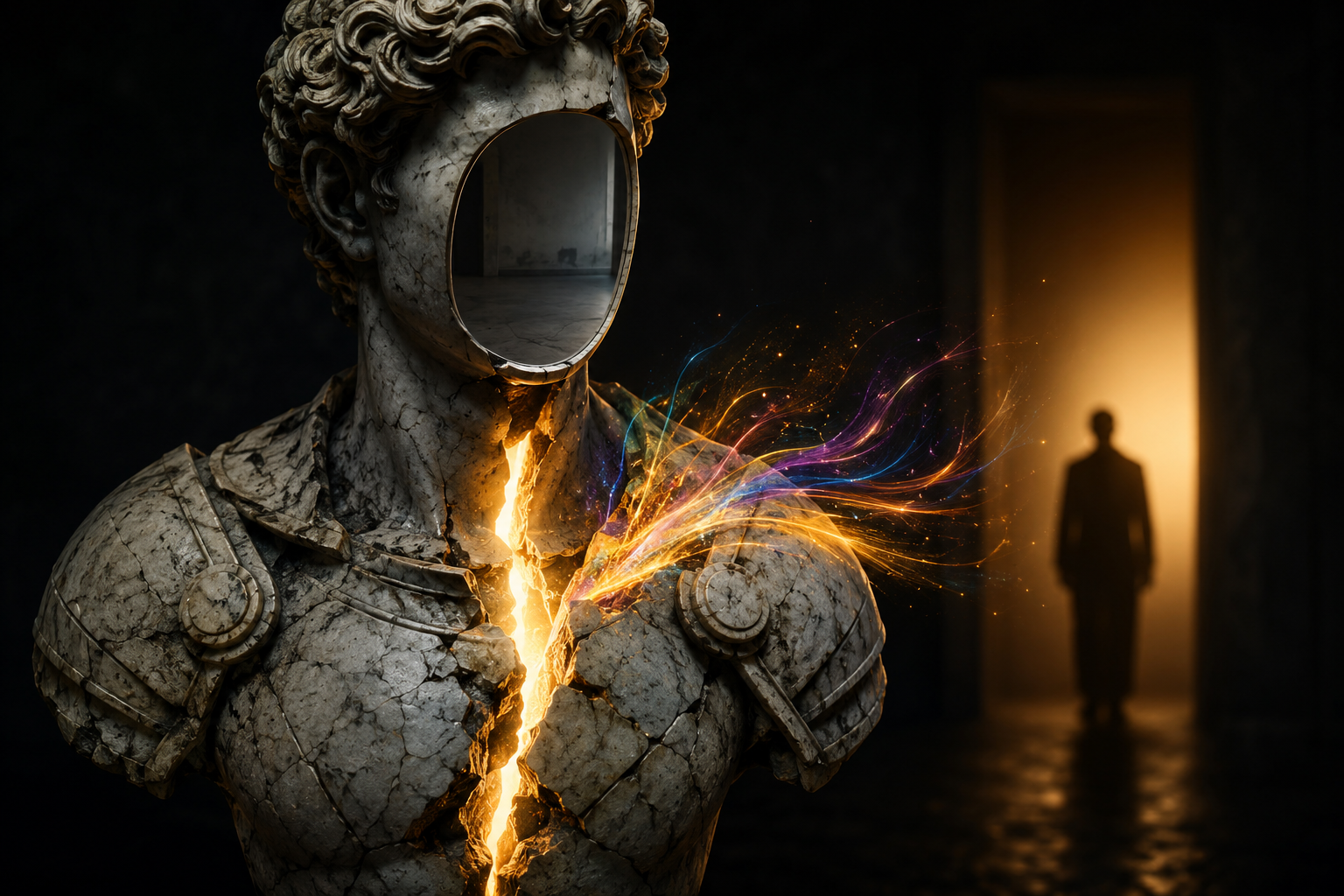 Estátua de mármore com rosto de espelho rachando ao meio com luz dourada, simbolizando o conceito de amor intranquilo na psicanálise.