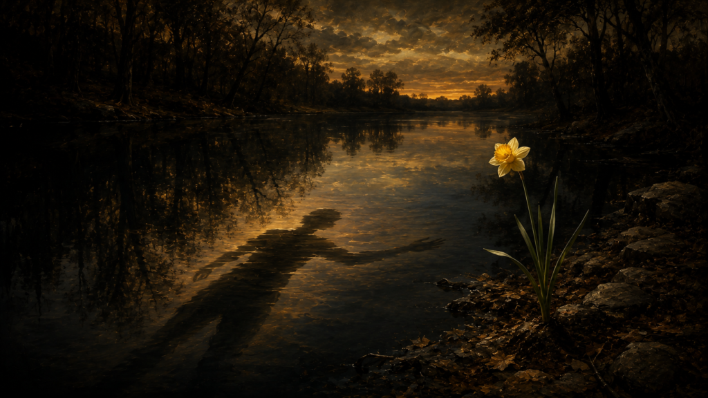 Reflexo sutil na superfície de um lago escuro com uma flor de narciso na margem, representando o mito de Narciso.
