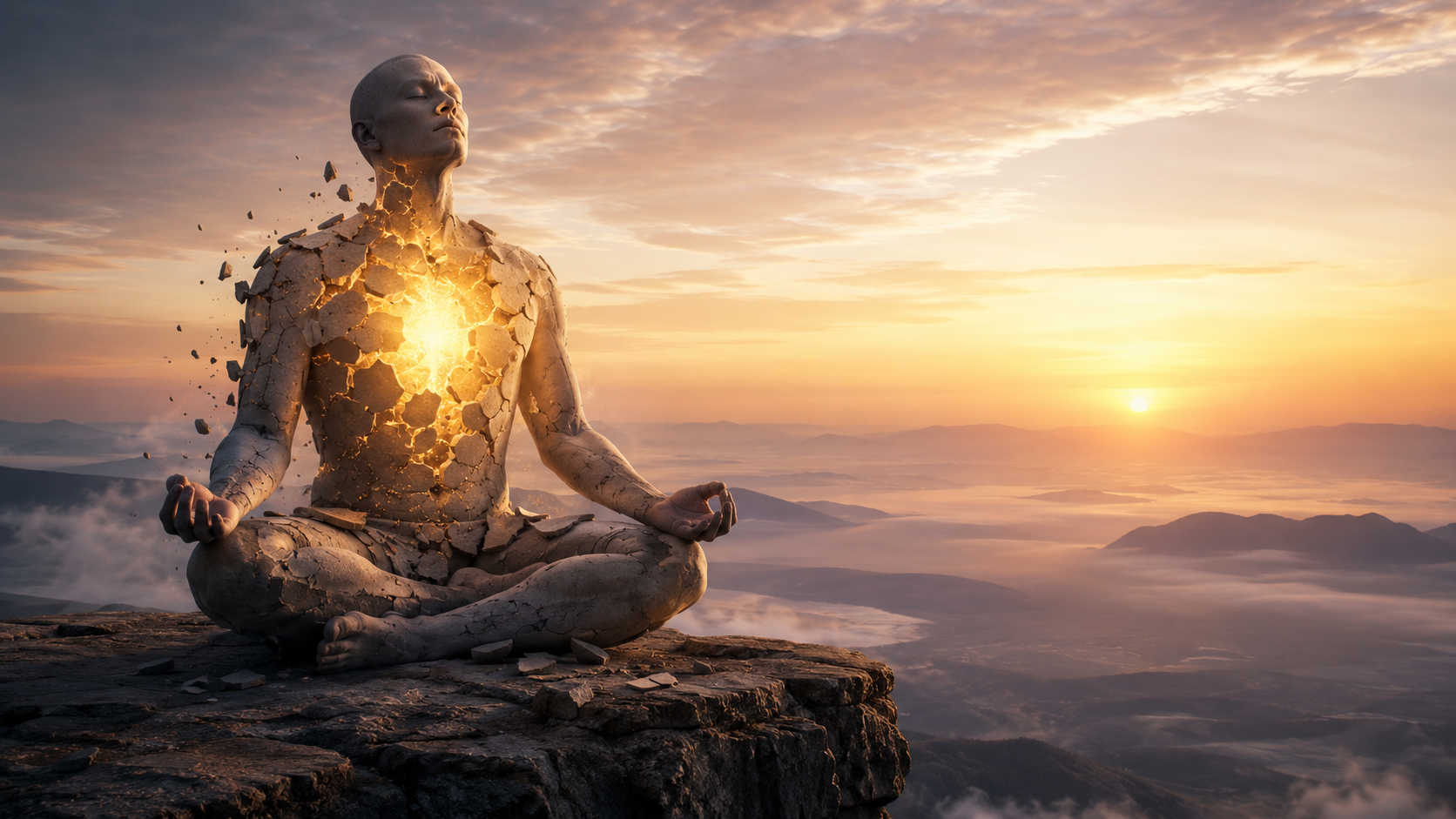 Ilustração conceitual de uma pessoa sentada em meditação durante o amanhecer, com uma luz suave quebrando uma armadura de pedra, representando a filosofia de Nietzsche.