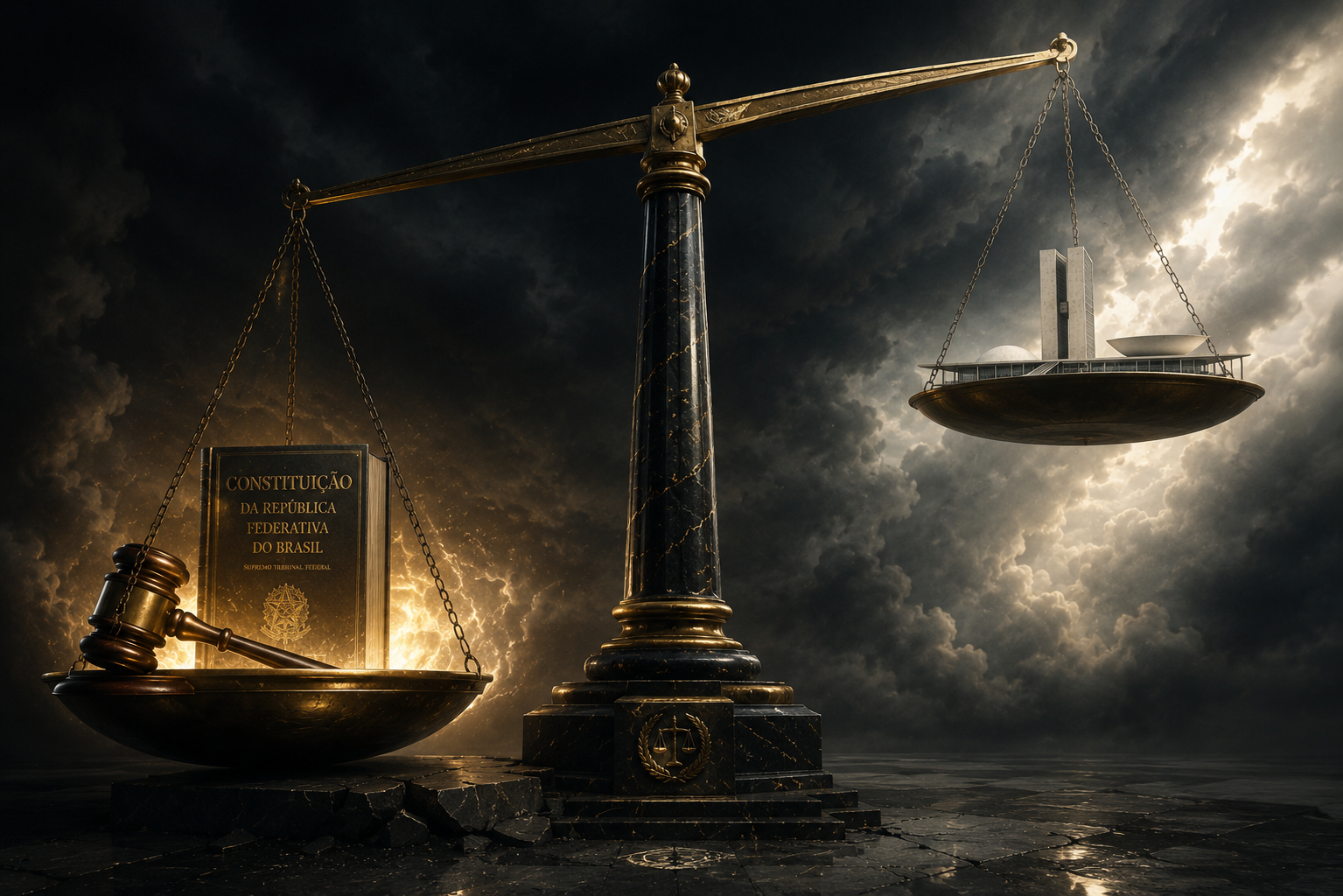 Ilustração conceitual de uma balança da justiça desequilibrada, com o lado do poder judiciário muito mais pesado que o legislativo.