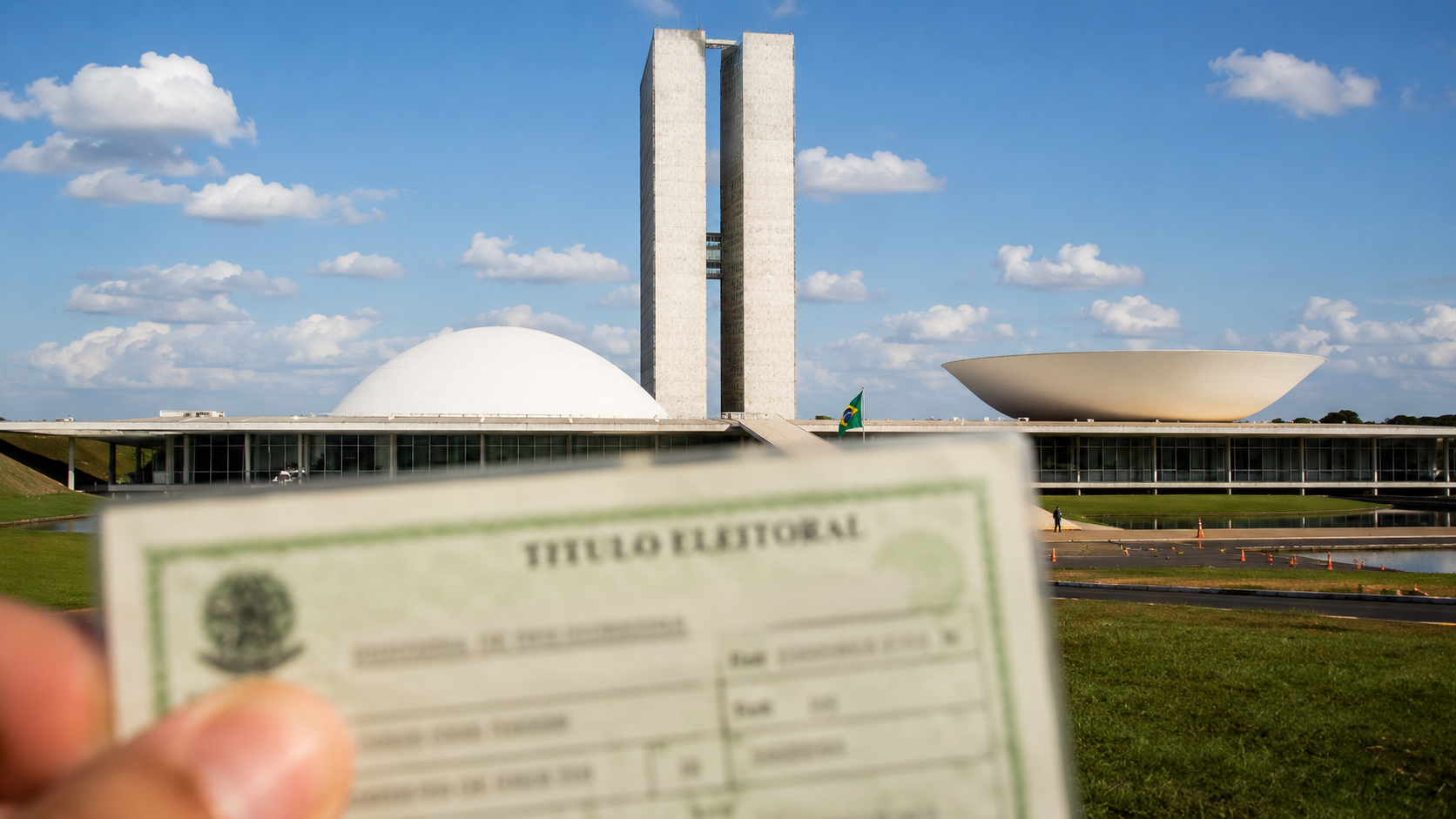 imagem mostra em primeiro plano um titulo de eleitor e ao fundo o prédio do congresso