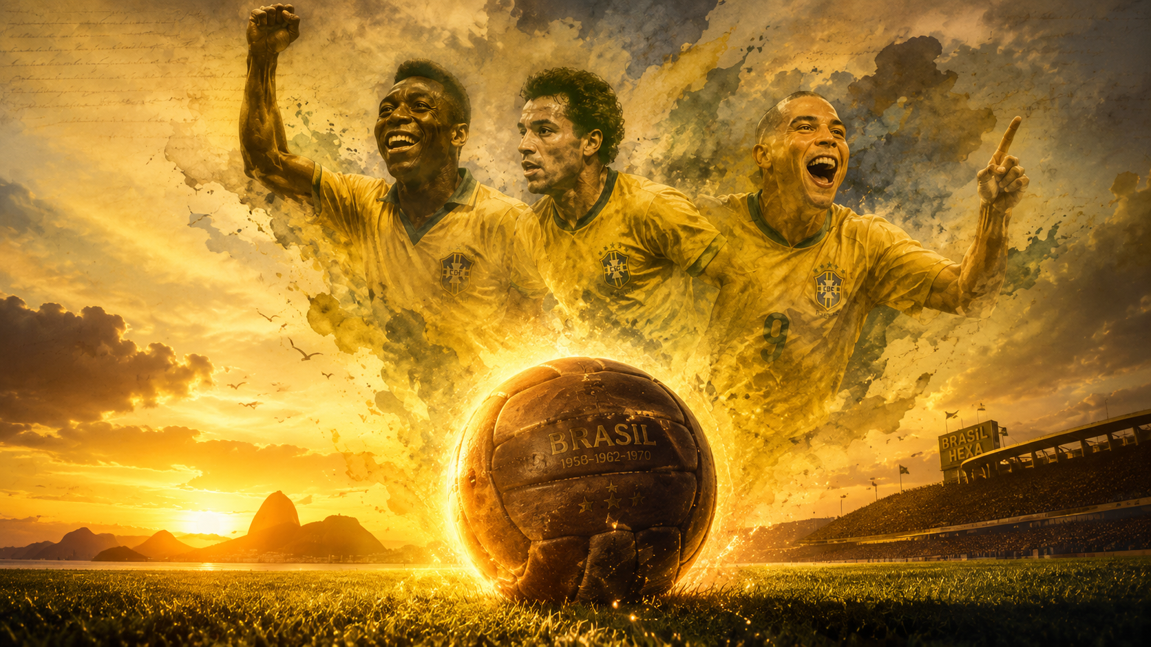 Ilustração artística conceitual de uma bola de futebol clássica envolta em feixes de luz dourada sobre um gramado, simbolizando a magia e a criatividade do futebol brasileiro.