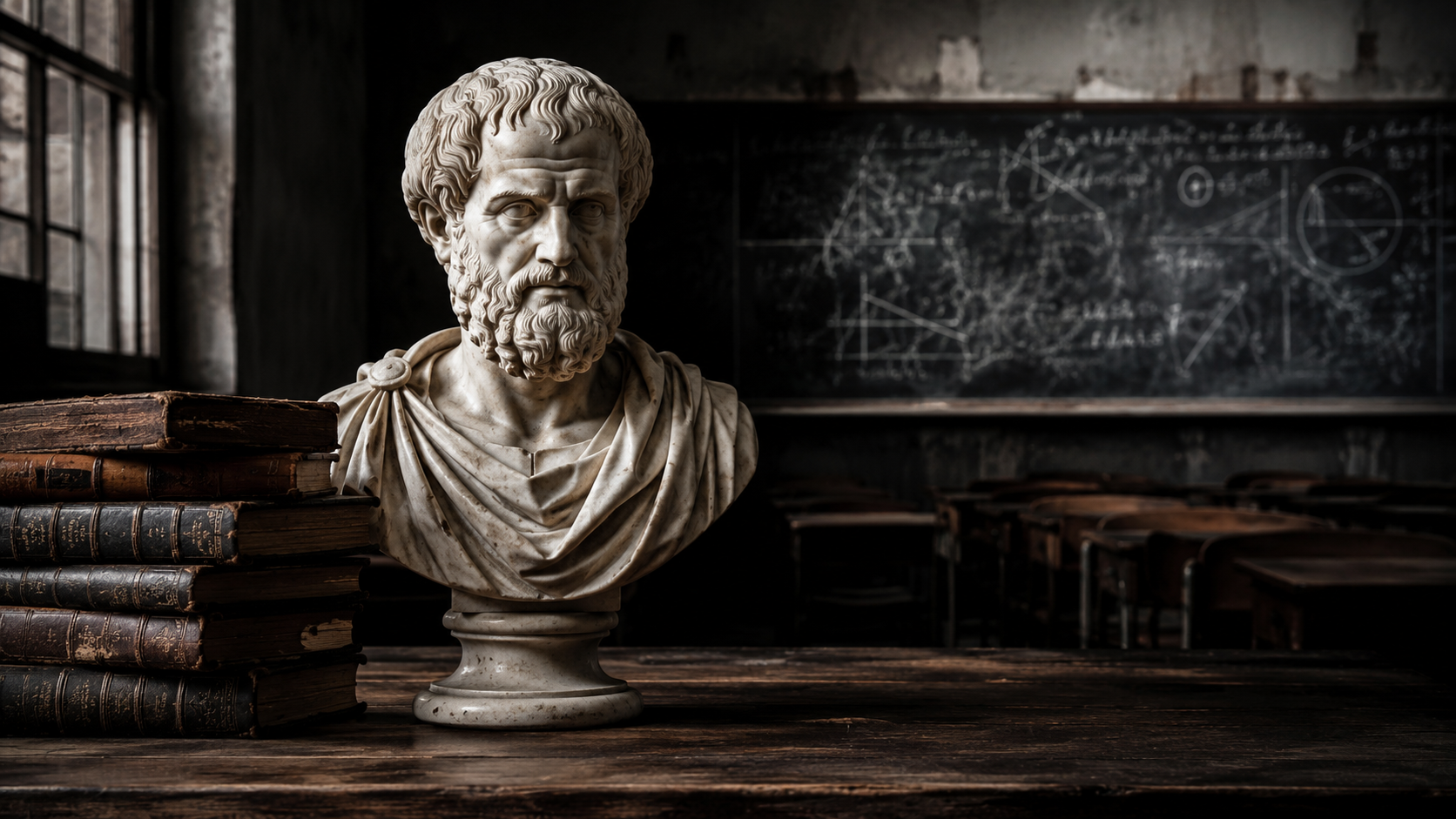 Busto de mármore de filósofo grego em mesa de madeira diante de uma sala de aula escura com quadro negro ao fundo.