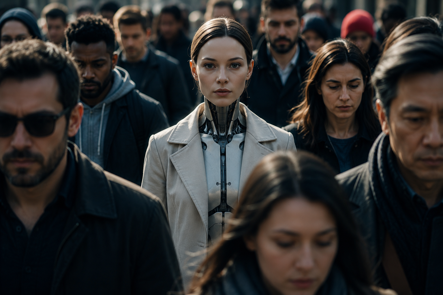 Robô humanoide de aparência quase humana parado entre dezenas de pessoas em uma rua movimentada, simbolizando o avanço da inteligência artificial na sociedade.