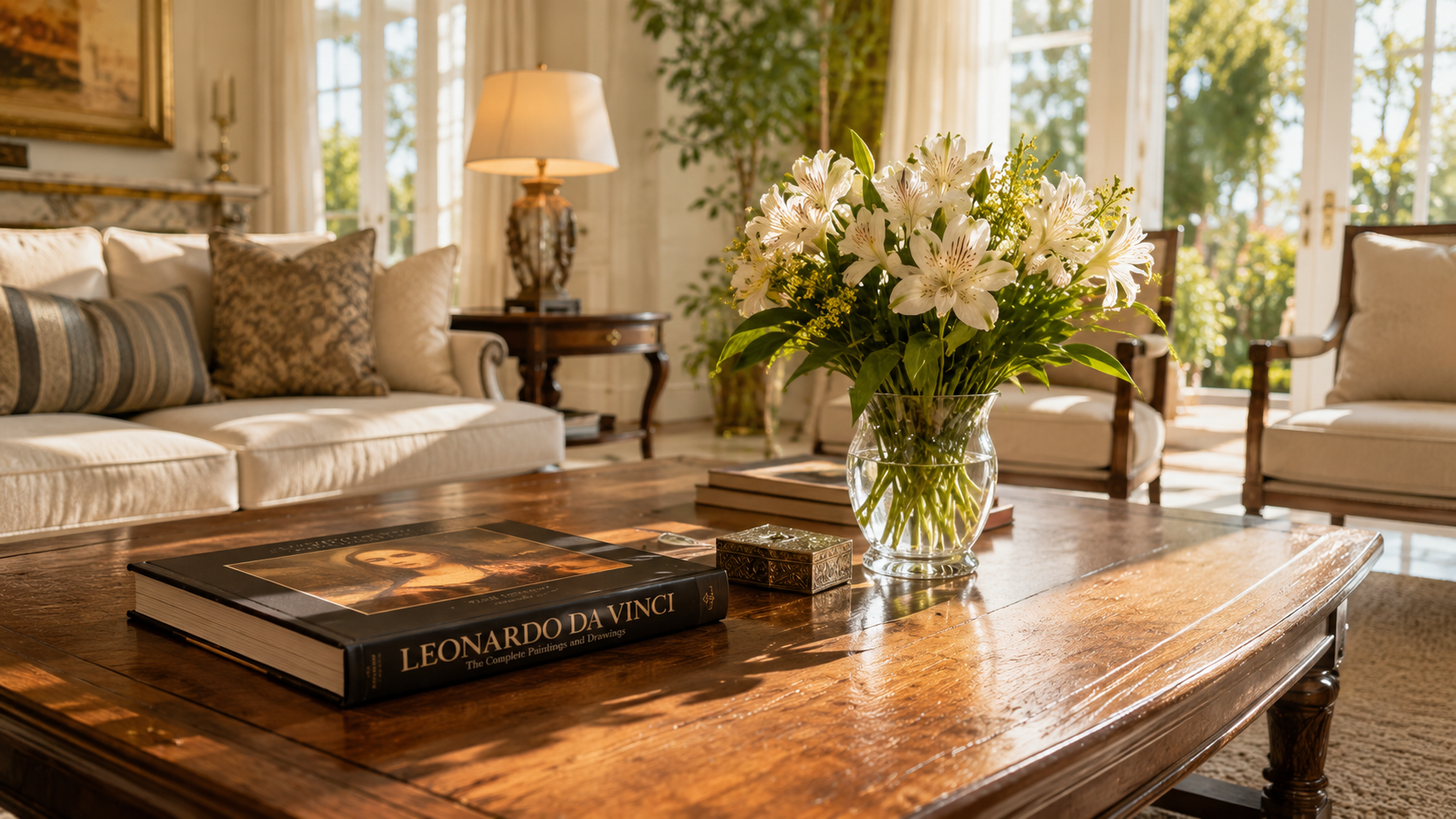 Livro de arte de Leonardo Da Vinci e vaso com flores brancas sobre mesa de madeira em sala de estar iluminada por luz solar.