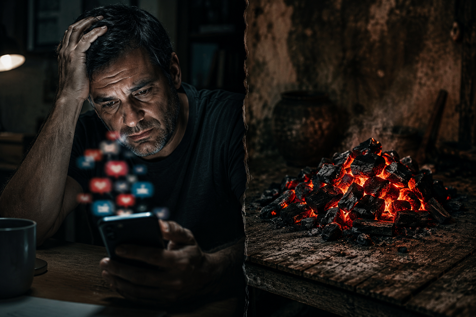 Homem estressado olhando para o celular ao lado de brasas de carvão acesas, ilustrando a saúde mental masculina e ilusões modernas.