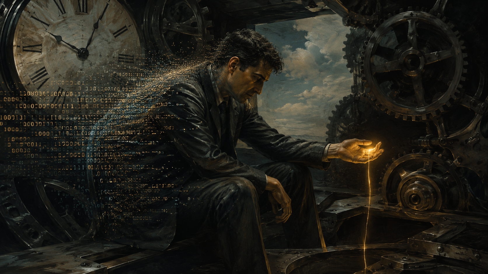 Ilustração surrealista de um homem pensativo envolto por engrenagens industriais e códigos de computador, segurando um fio de luz dourada.