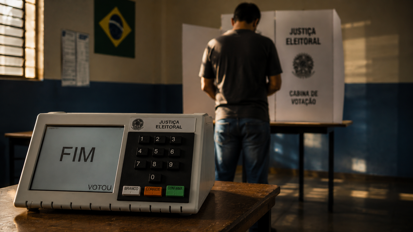 Urna eletrônica em seção eleitoral com eleitor ao fundo prestes a votar, ilustrando a escolha consciente do eleitorado.