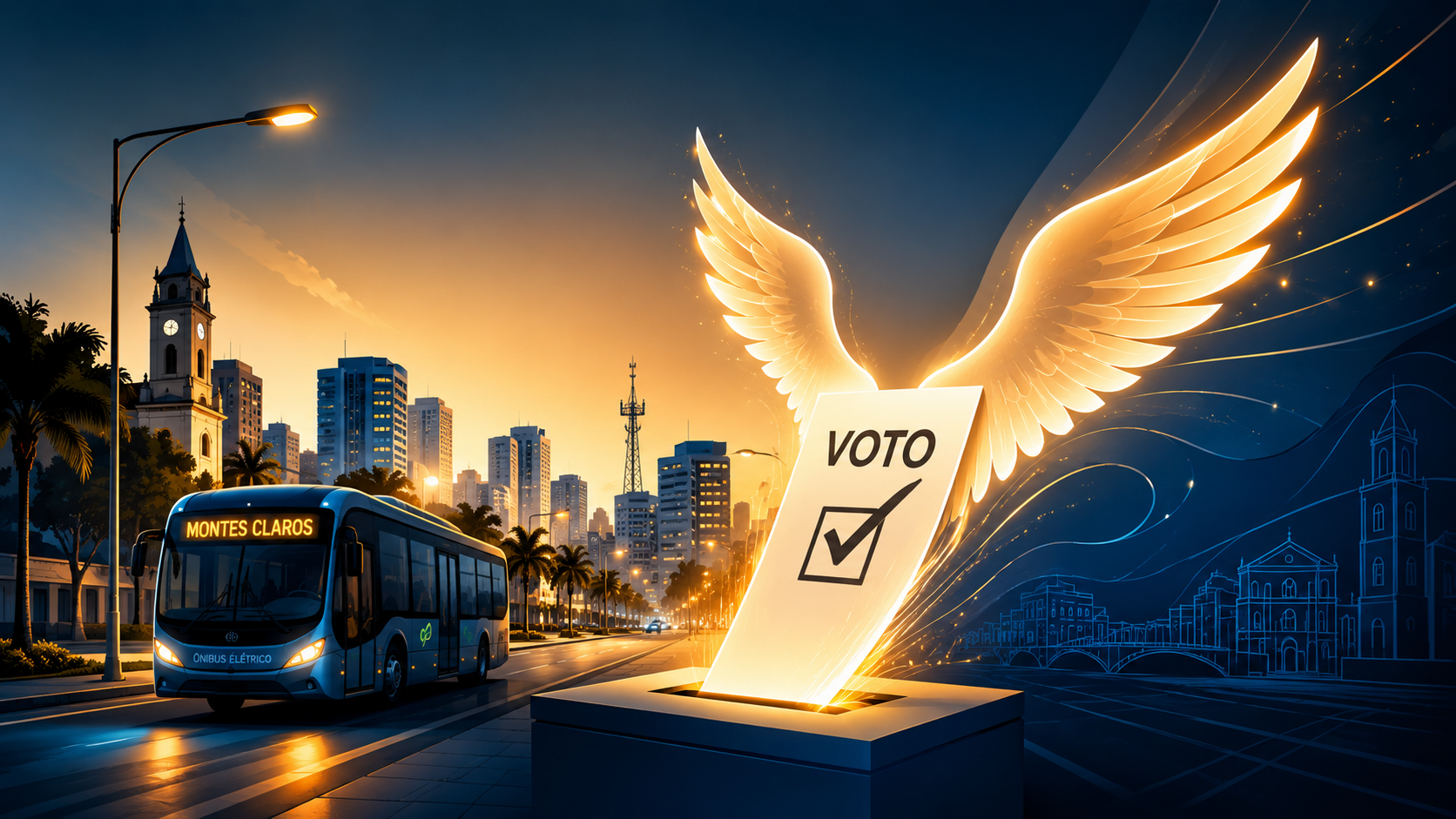 Uma ilustração gerada poor IA mostrando um voto, com assas, sobre uma urna e ao lado um ônubus elétrico