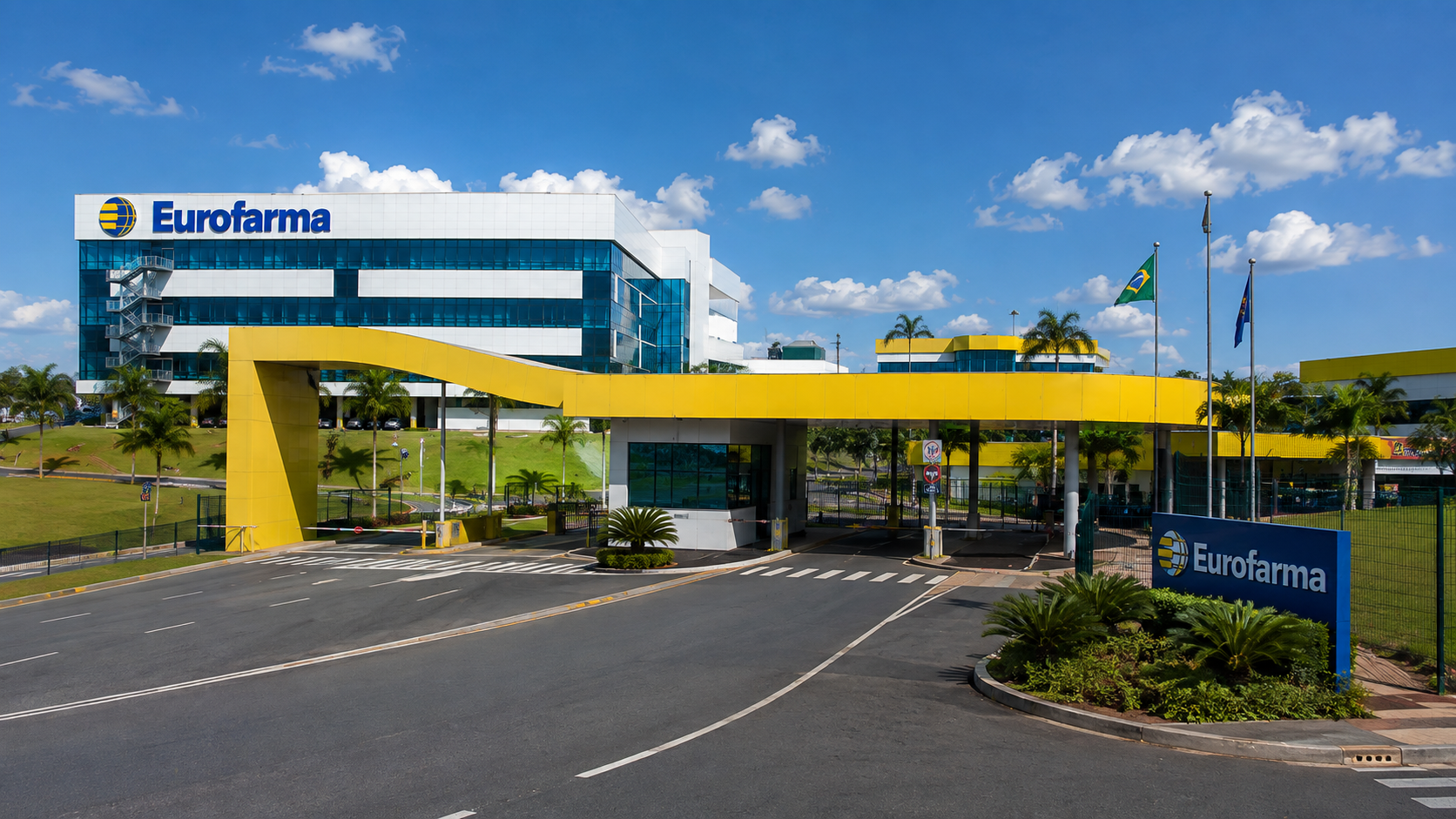Fachada moderna da unidade Eurofarma em Montes Claros, com destaque para a arquitetura inovadora em azul e amarelo, cores da marca