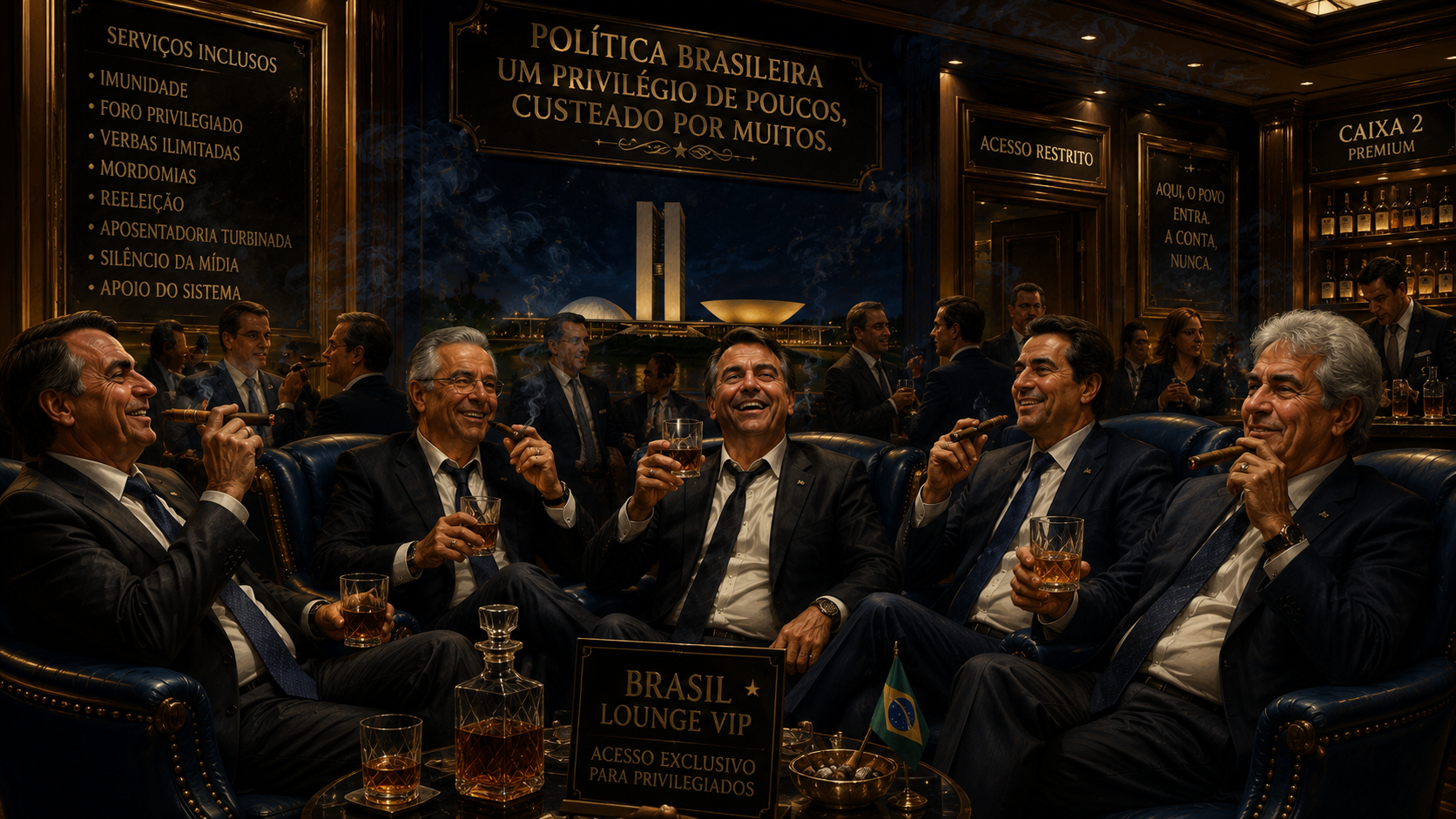 Ilustração conceitual de política em estilo de sátira, mostrando autoridades em trajes formais em um camarote de luxo brindando com uísque e charutos.
