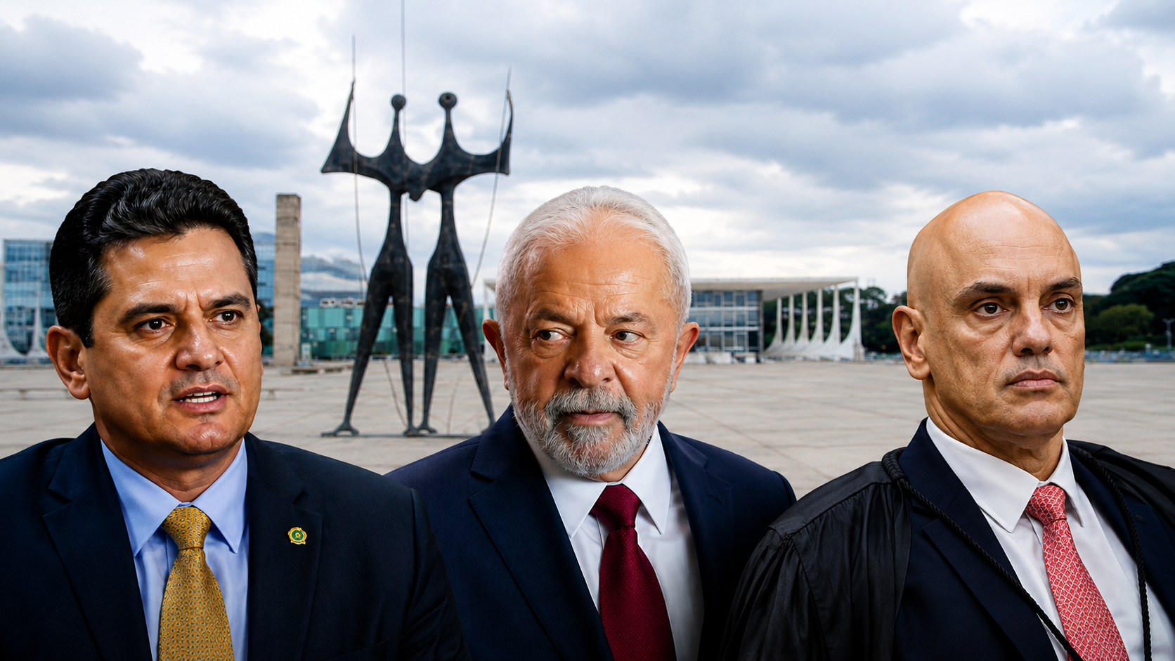 Lula, Alexandre de Moraes e Alcolumbre na Praça dos Três Poderes em Brasília, ilustrando a relação entre Executivo, Legislativo e Judiciário.