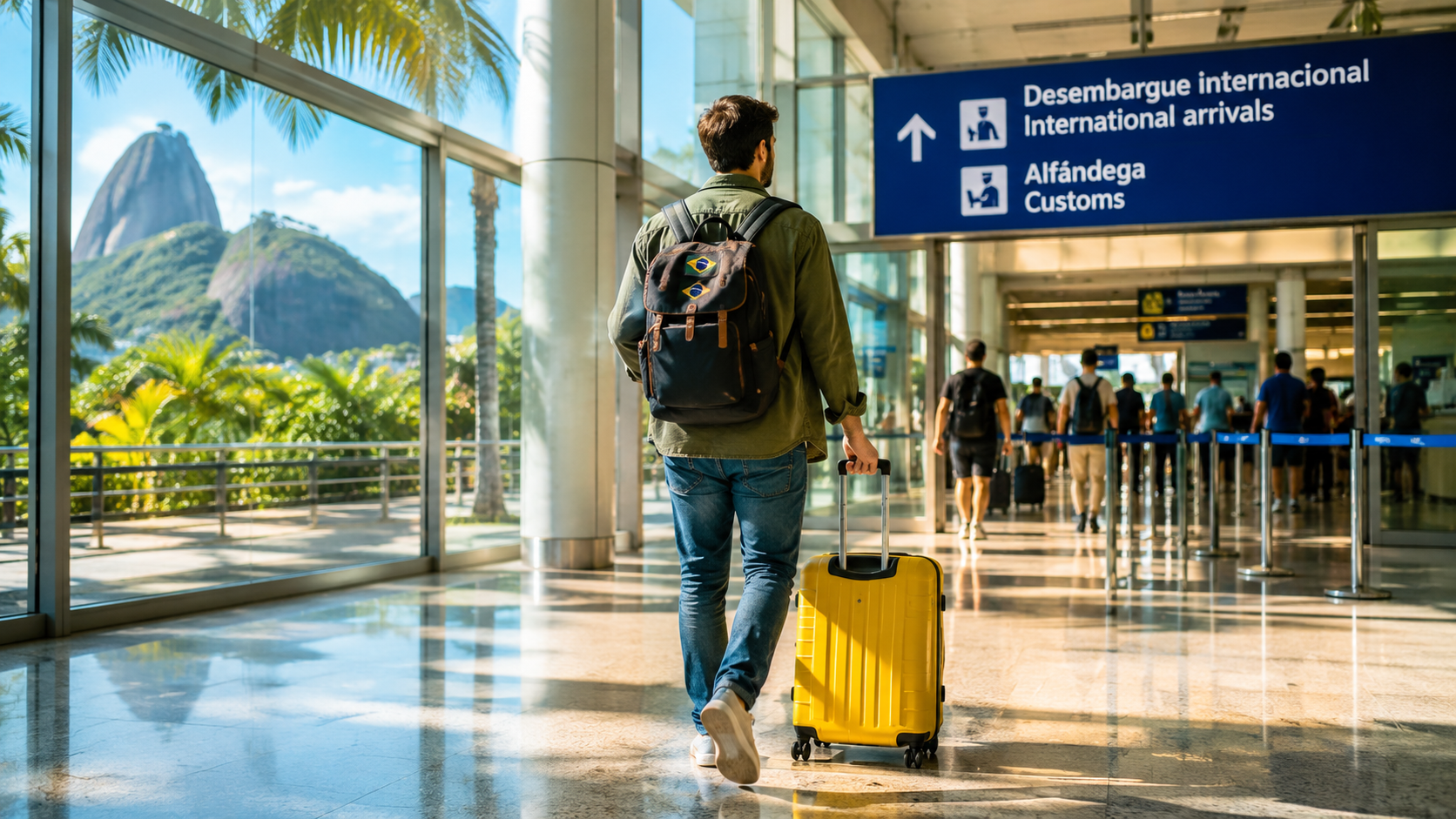 Saguão de desembarque internacional de aeroporto iluminado por luz solar com viajantes e malas.