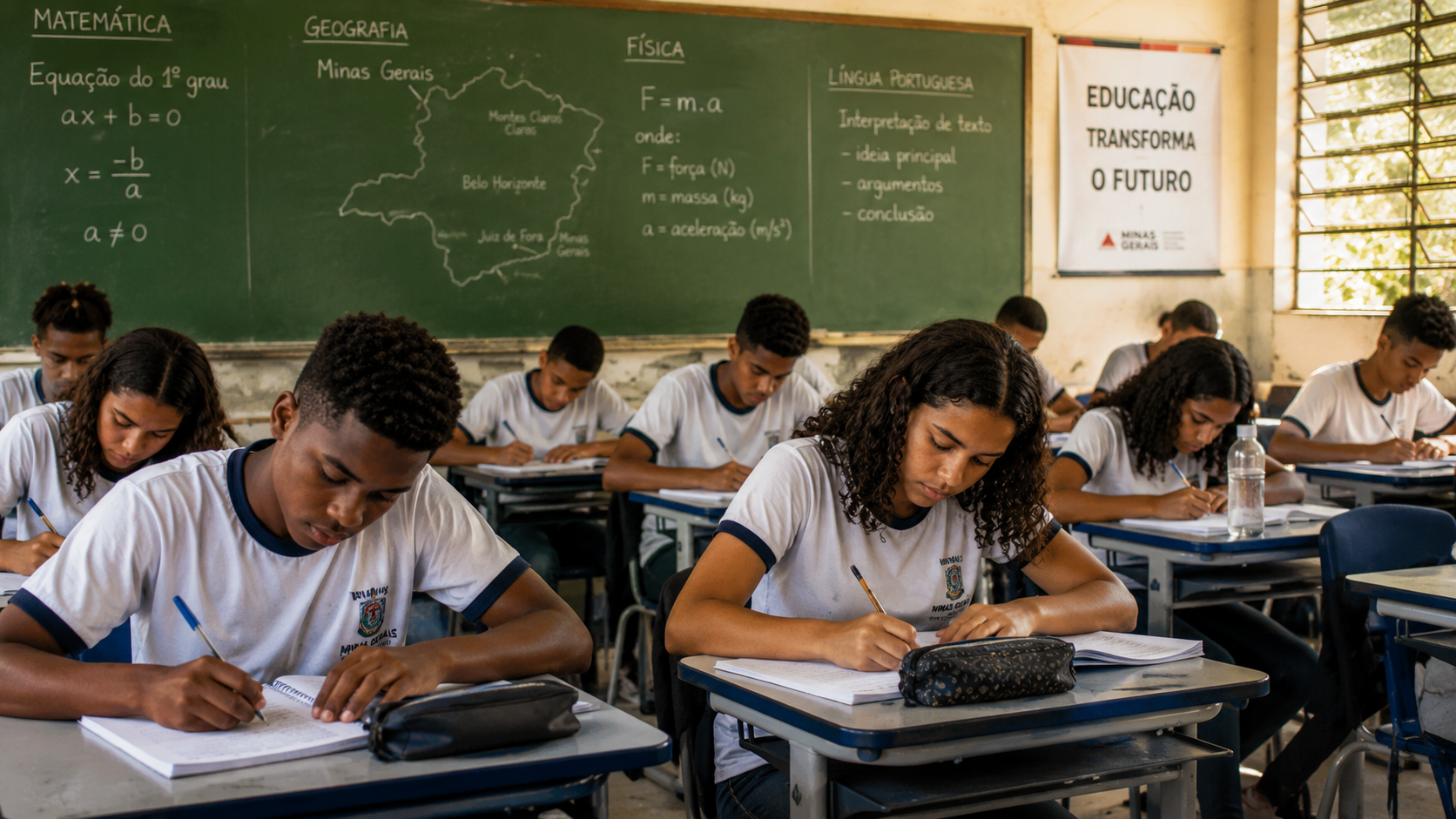 Sala de aula com alunos estudando para a prova do Saeb ao lado de uma lousa com o mapa de Minas Gerais e a palavra Ideb 2025.