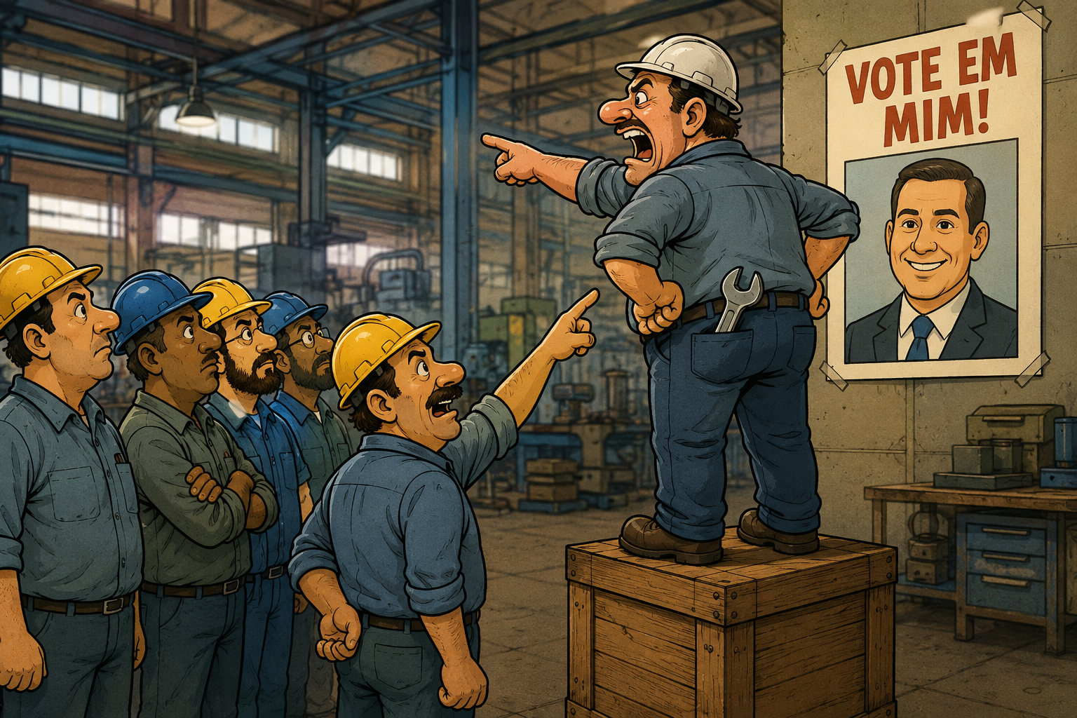 Ilustração editorial de um chefe em cima de um caixote gritando com operários em uma fábrica ao lado de um cartaz 