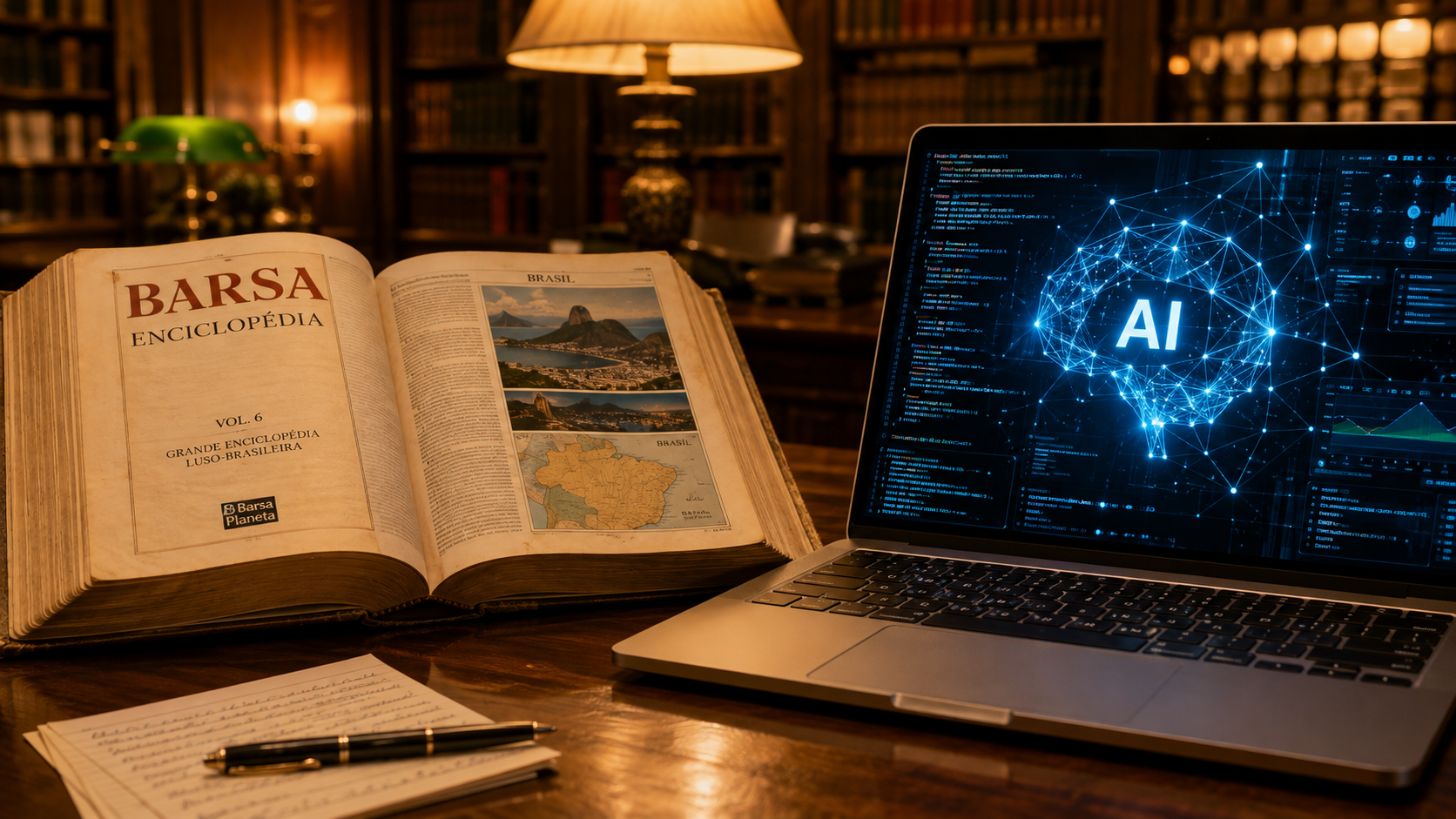 Livro de enciclopédia antigo aberto ao lado de uma tela de computador com interface de Inteligência Artificial.