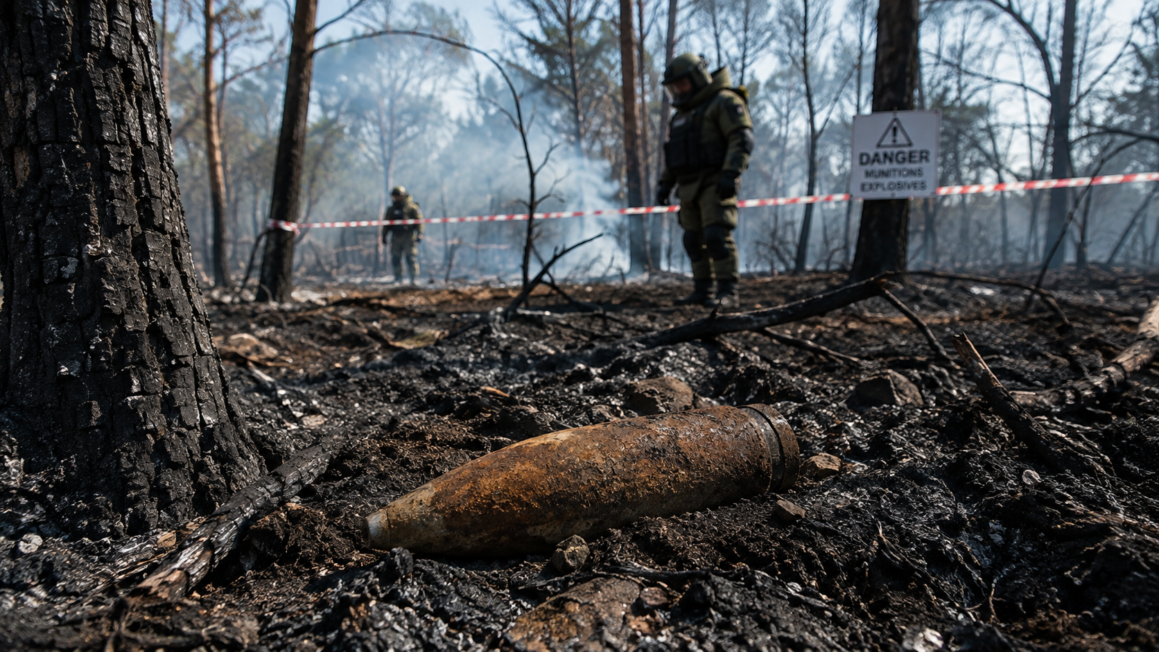 Solo de floresta queimada pela metade em Le Porge na França revelando um projétil de artilharia enferrujado da Segunda Guerra Mundial com fumaça e faixas de perigo.