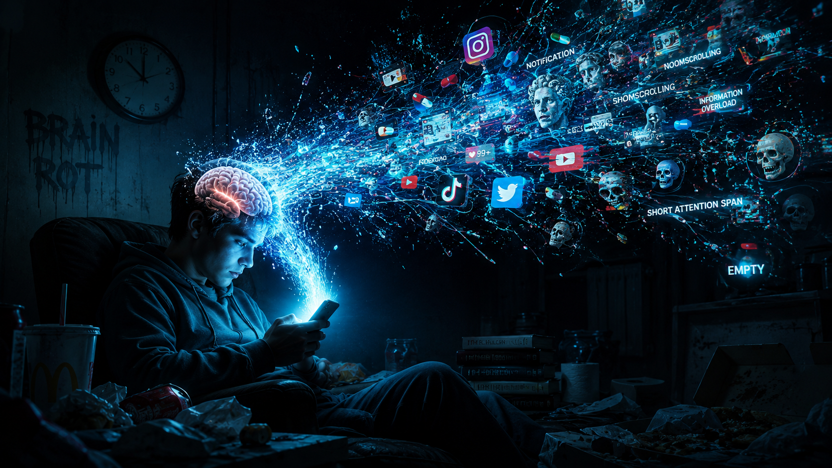 Ilustração surrealista e dramática de uma silhueta humana segurando um smartphone brilhante do qual saem fios que envolvem seu cérebro, simbolizando o conceito de Brain Rot e o vício digital.