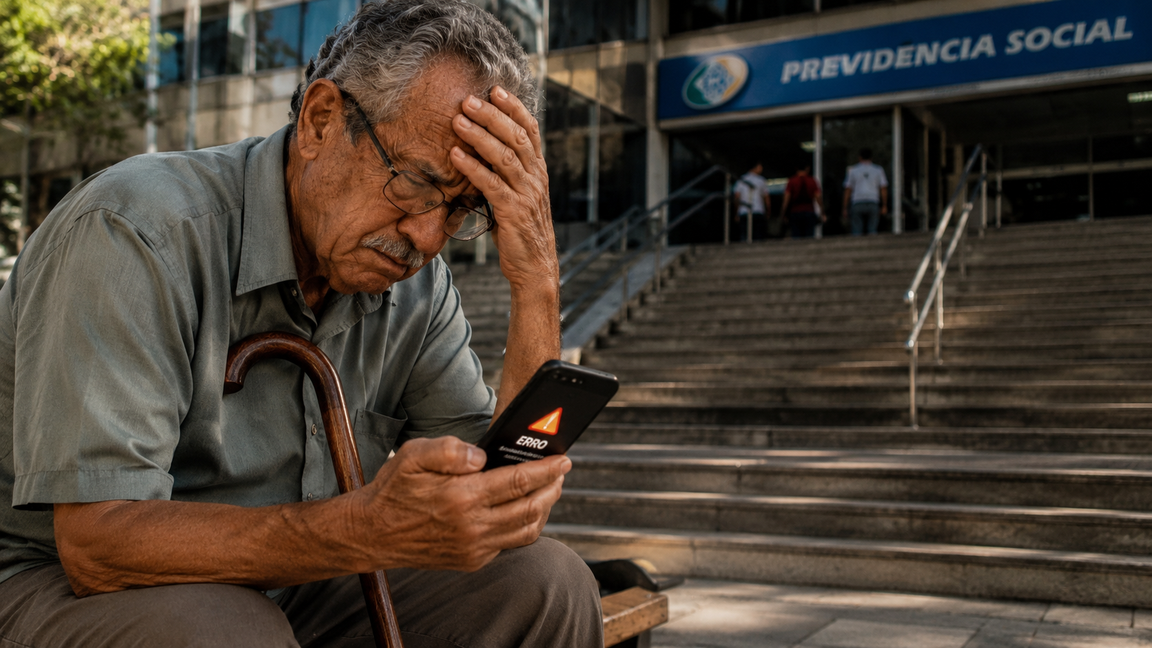 Homem idoso de bengala olhando para a fachada de um prédio público com escadarias e um smartphone com erro de conexão na mão.