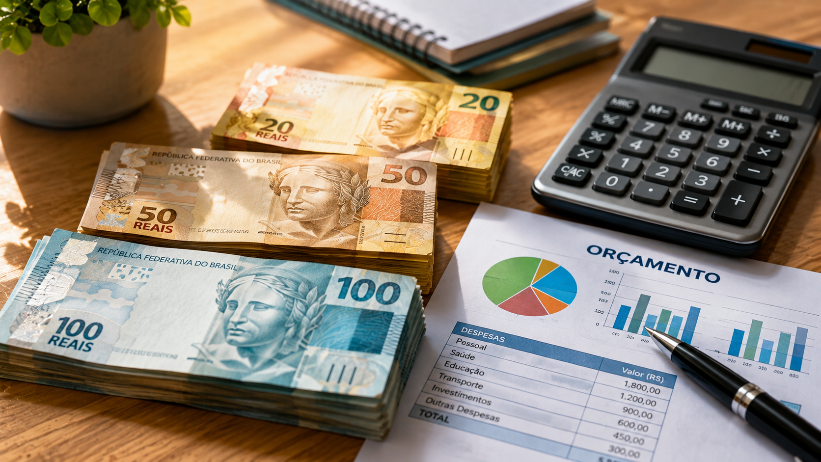 Notas de Real brasileiro e calculadora sobre mesa organizando planejamento orçamentário do salário mínimo.