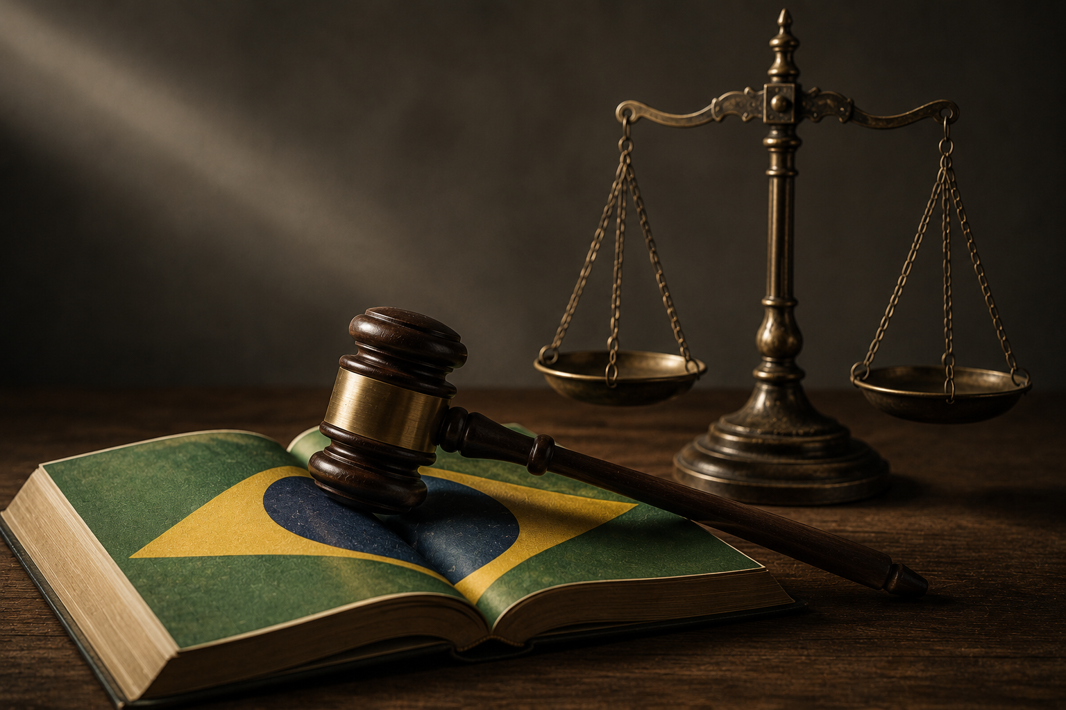 Balança da justiça e martelo sobre a Constituição Federal representando a liberdade de expressão e a democracia.