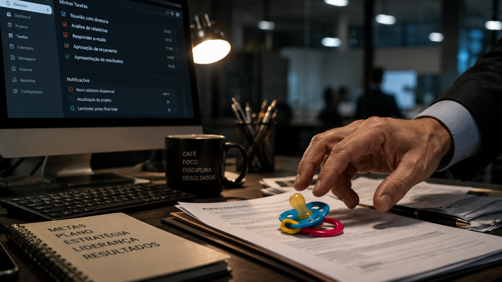 Mesa de trabalho corporativo com computador, documentos e uma chupeta sobre a mesa.