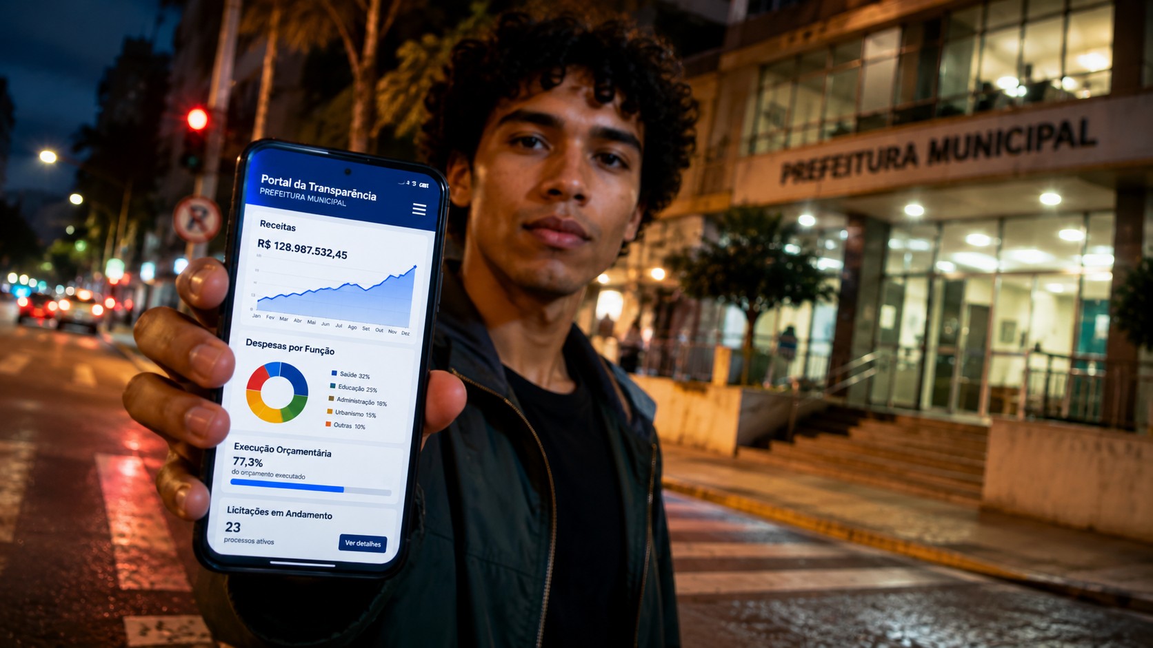 Prompt: Dynamic photojournalism shot of a young Brazilian person standing on a city street corner in front of a blurred municipal government building. The person is holding a smartphone close to the camera, with the bright screen clearly displaying interactive data charts and a public portal. Cinematic evening lighting, vivid contrast between the blue screen light and warm street lights, bokeh effect in the background, strong focal point on the screen and expressive eyes. High resolution, 16:9 aspect ratio.