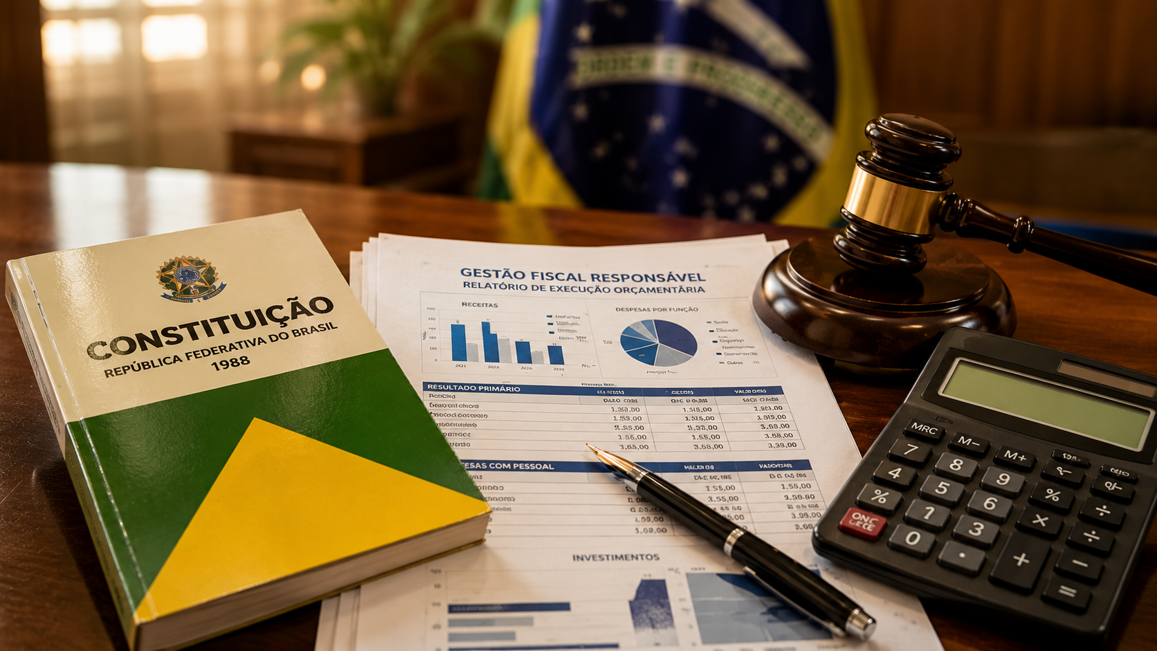 Relatórios financeiros, calculadora e martelo da justiça sobre mesa de escritório de gestão pública.