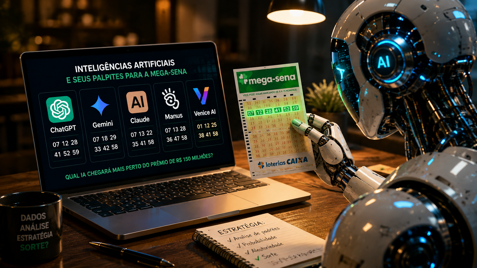Robô futurista segurando cartão da Mega-Sena ao lado de um notebook exibindo os palpites de ChatGPT, Gemini, Claude, Manus e Venice AI.