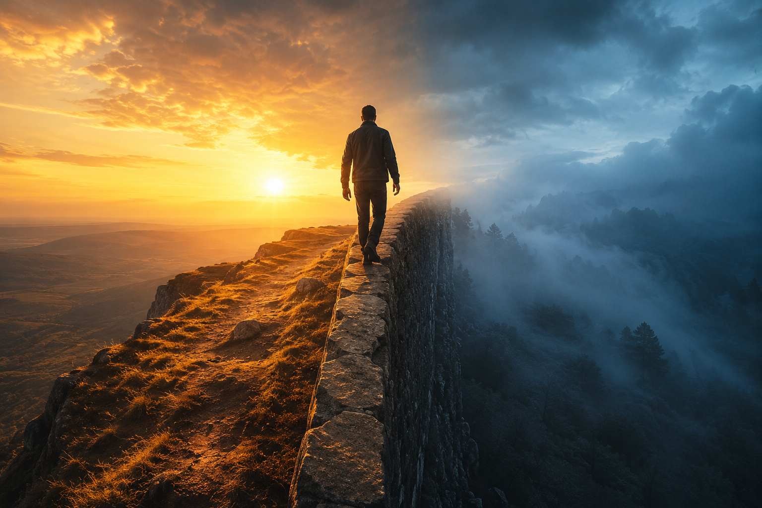 Homem caminhando sobre um muro de pedra dividindo uma paisagem iluminada pelo sol de uma paisagem em chamas, simbolizando a escolha moral entre quente e frio no artigo de Luciano Meira.